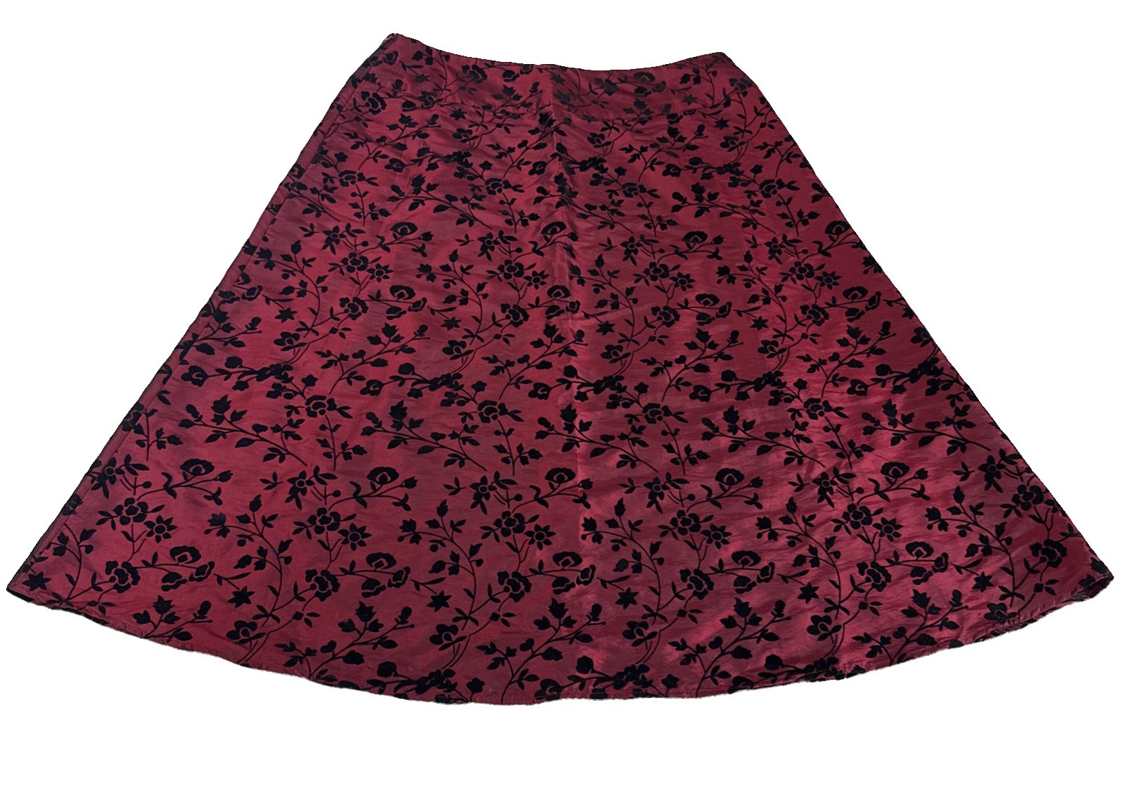 Vtg BFA Classics Crimson Red Taffeta & Black Burnout Floral/Vine Pattern Skirt