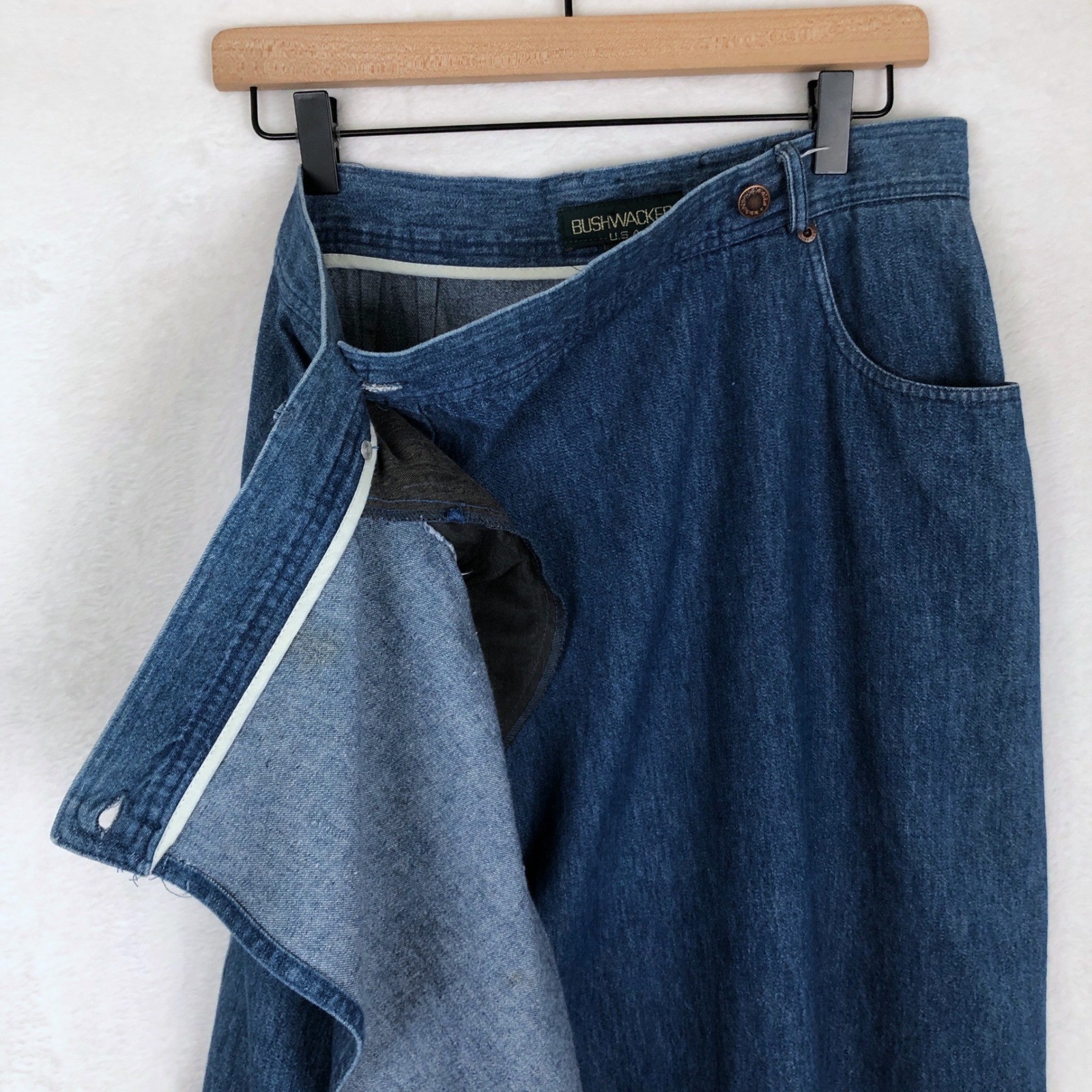 VTG Bushwacker USA Denim Wrap Midi Skirt Sz 14 Medium Wash Blue Jean Western