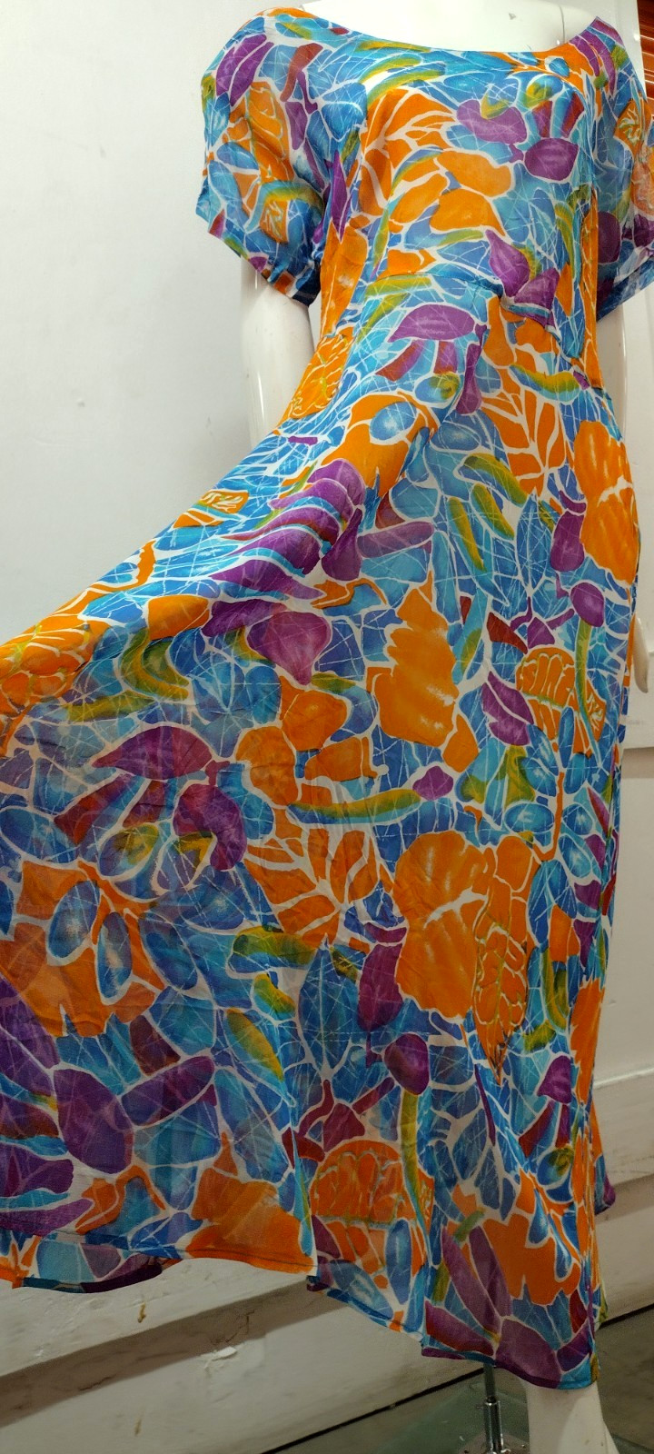 Vintage Sheer Midi Orange Dress Blue Rayon Sundress Sleeve Flowy S/M New 90s Tag