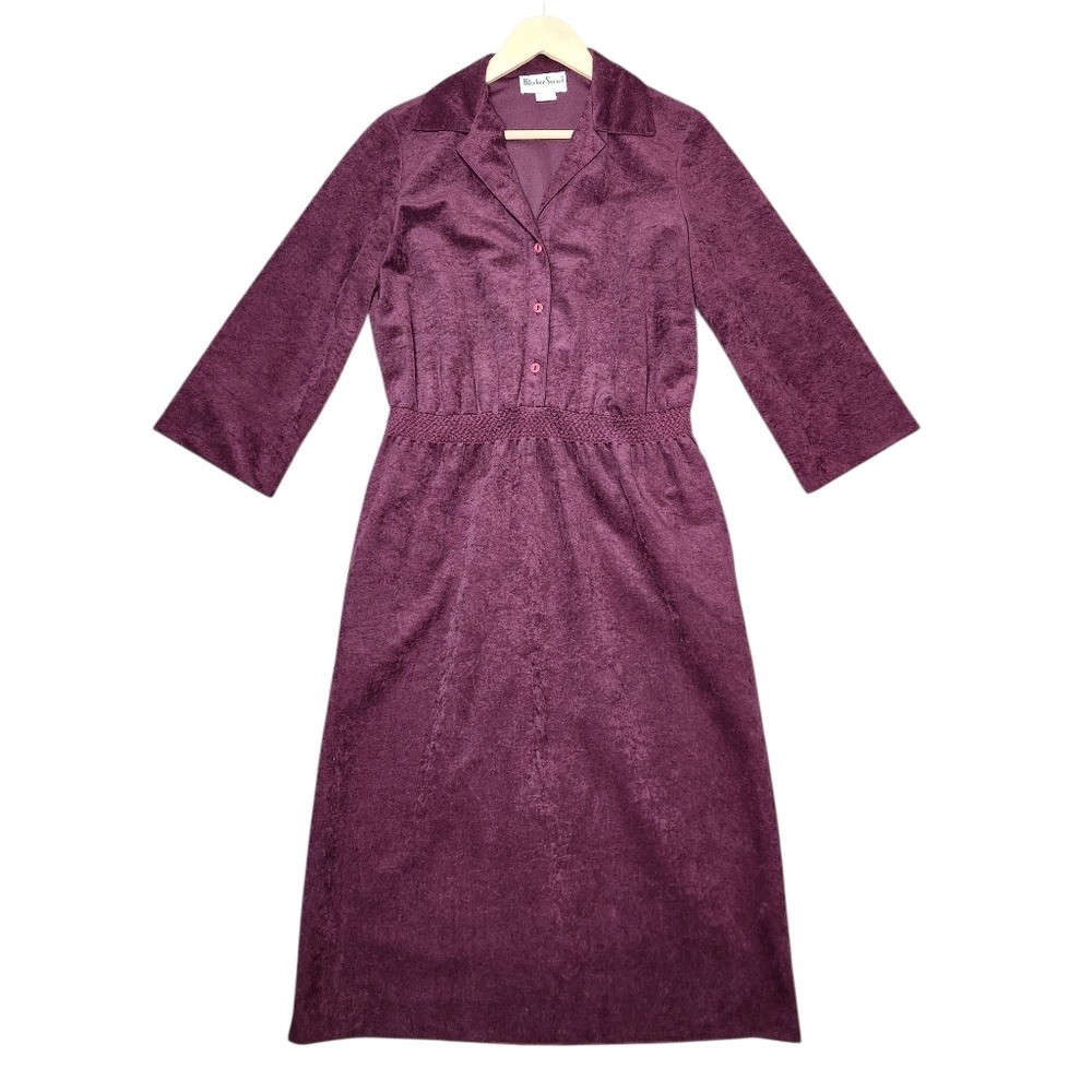 Vintage 70s Purple Velvet Midi Button Dress Collar Boho Cottage Mod Granny 12