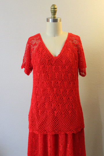 Vintage 1970s Thumbs Up Red Crochet Lace Acrylic Knit Skirt Top Blouse Dress Set