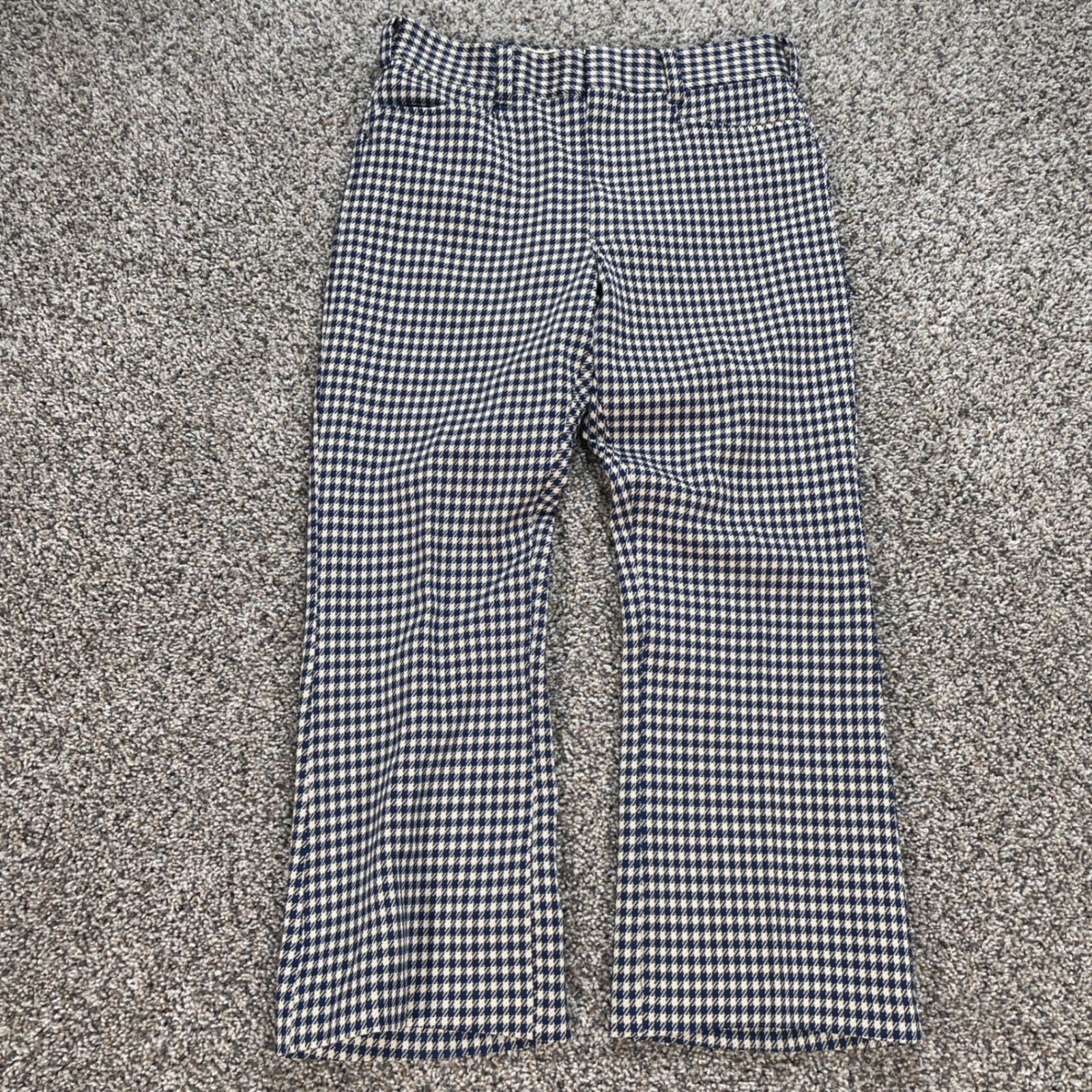 Vintage Houndstooth Women’s 32×27 Flare Pants Navy Blue Cream Permanent Press