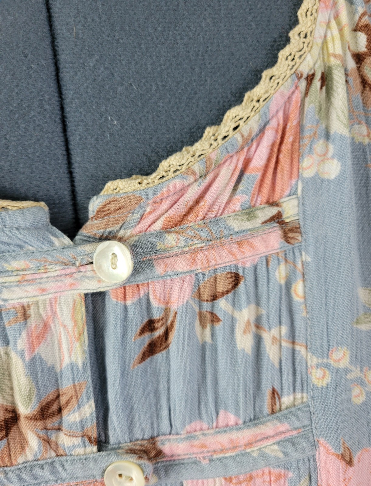 Vintage Ellen Ashley Blueish Grey Dress w Pink & Cream Florals Size 14P