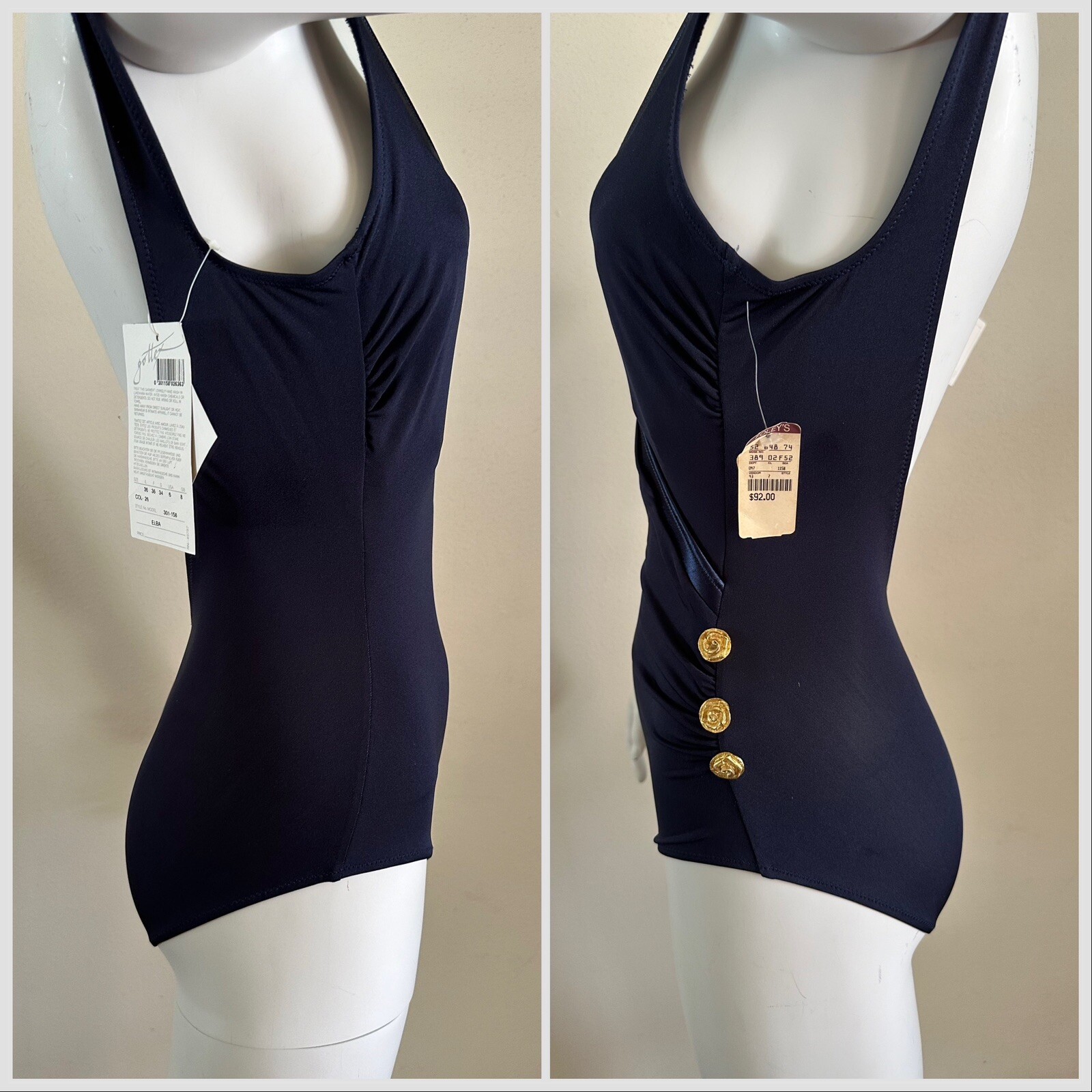 1990s Gottex One Piece Swimsuit Lycra Sensations Floral Buttons Resort 6 80s VTG