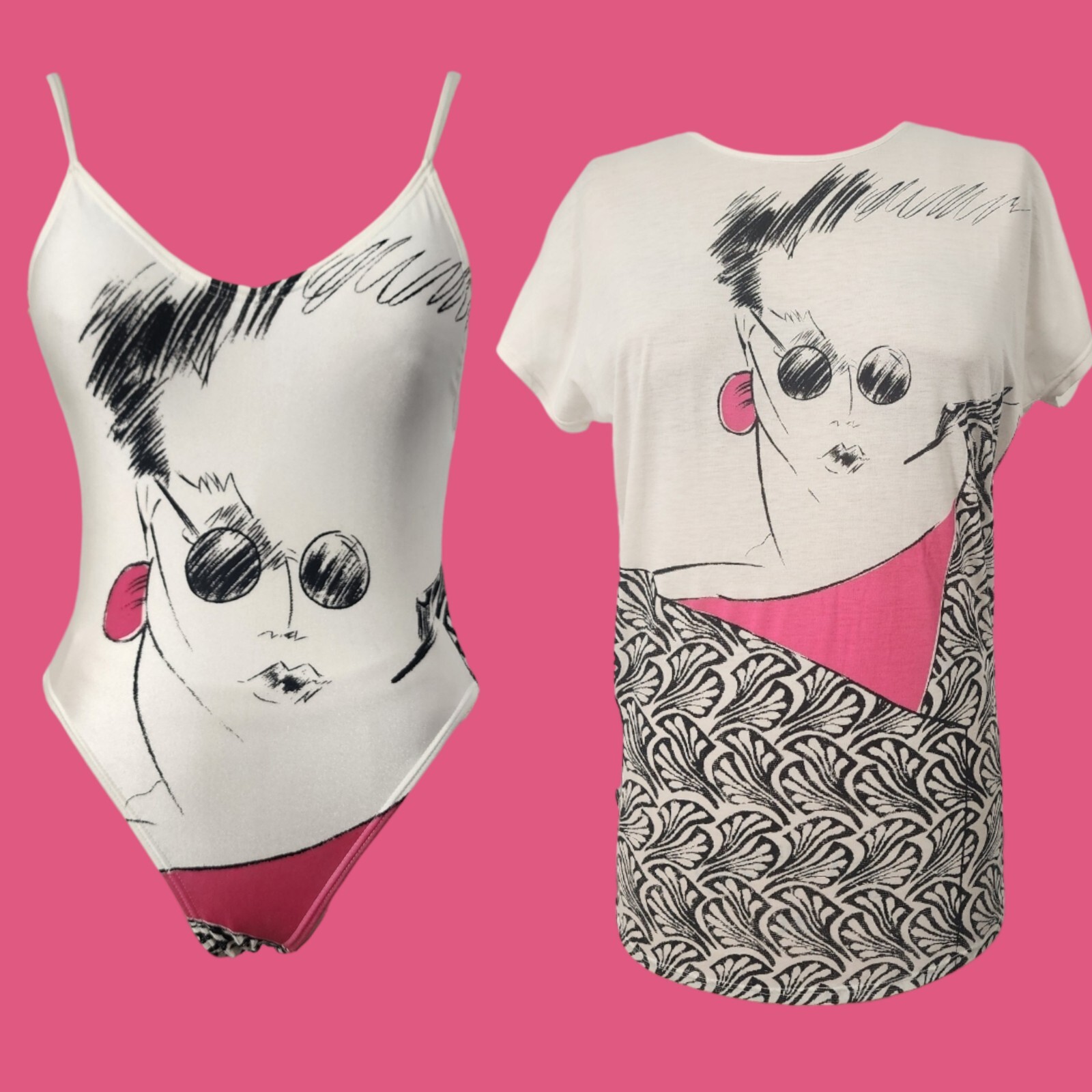 VTG 80s Pop Art Female Novelty High Leg Graffiti Patrick Nagel Coverup Shirt XS