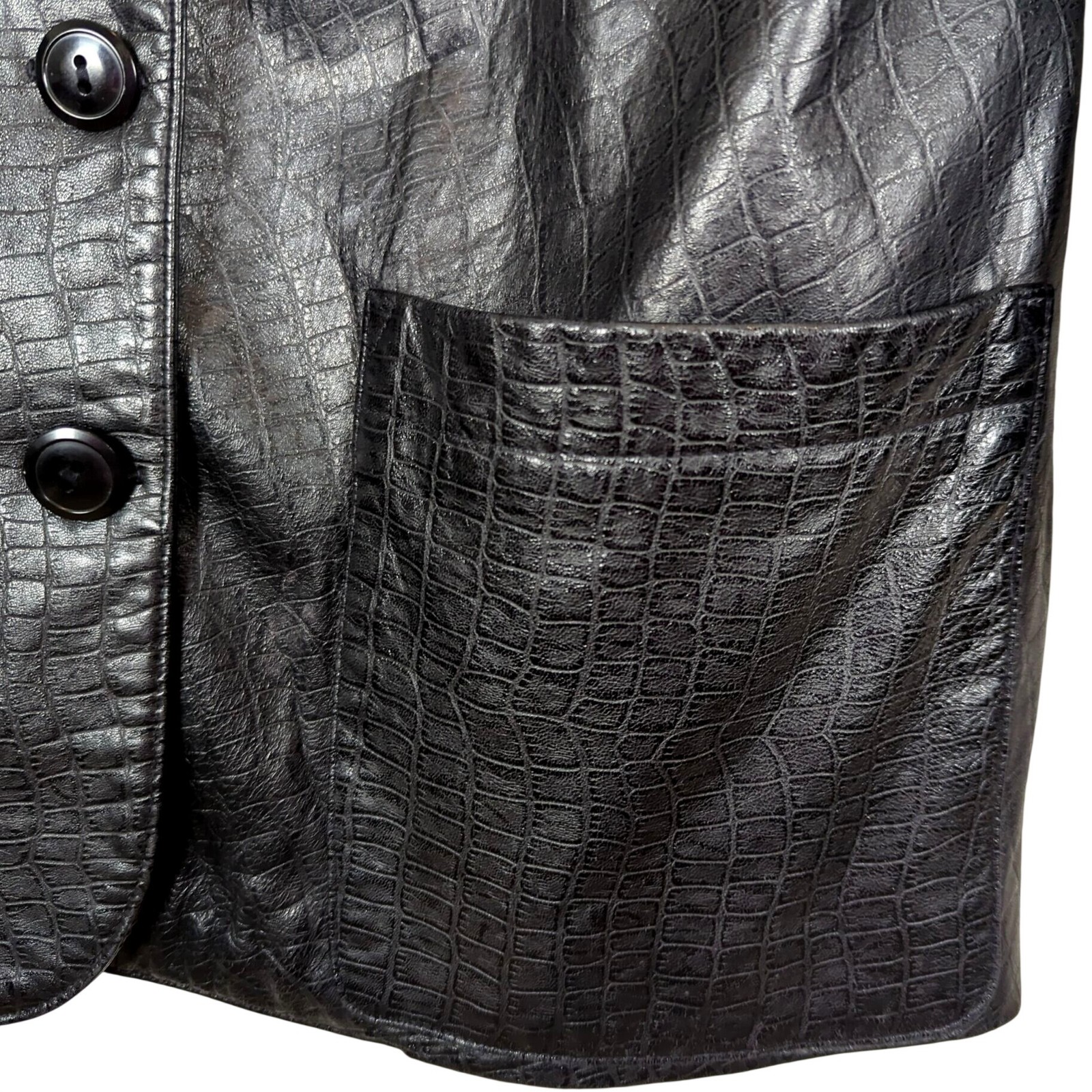Vintage Vakko Leather Black Jacket Size M Croc Embossed USA Made Button Front