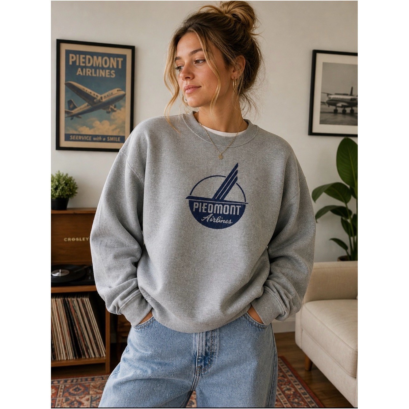 Vintage Piedmont Airlines Gray Crewneck Sweatshirt with Navy Retro Graphic Sz S