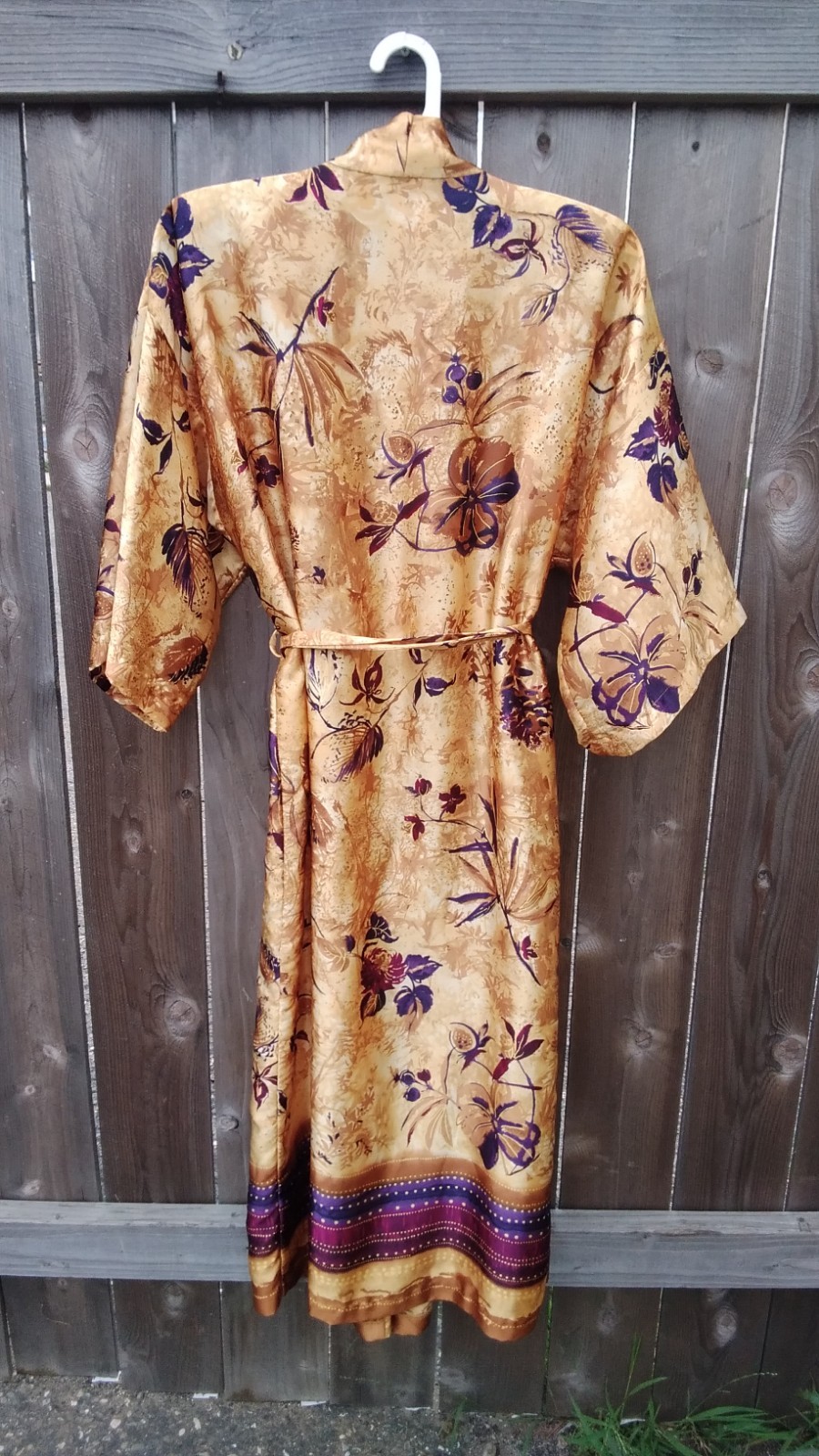 Vintage Womens Robe Silky Belted 80s Gold Purple Print Shoukder Pads Small