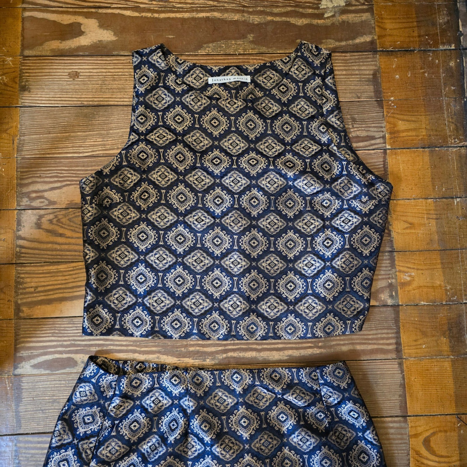 Jonathan Martin Vintage Brocade 2 Piece Set Crop Top Mini Skirt Navy Gold Sz 13