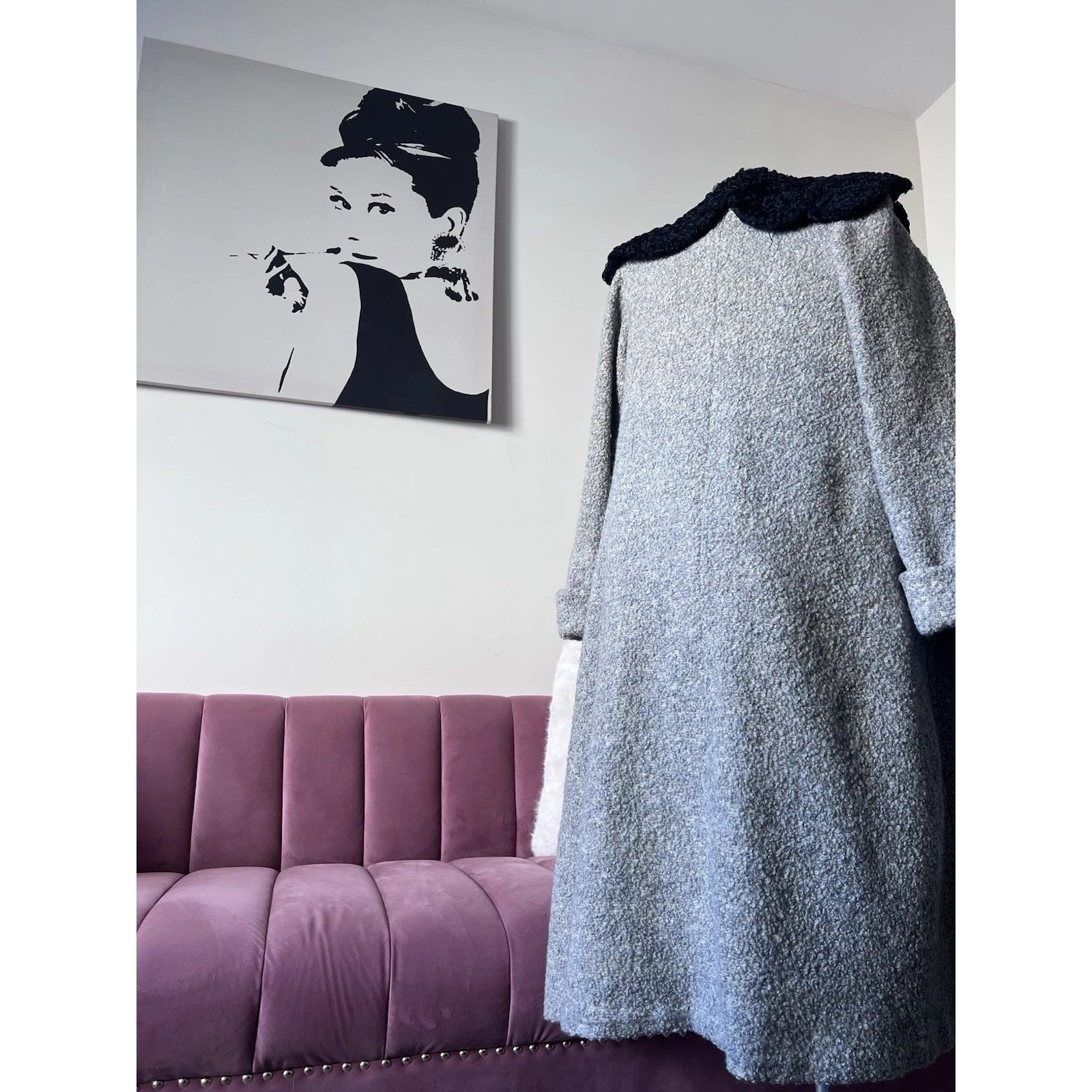 Vintage 40s Oatmeal Wool Boucle Swing Coat Persian Lamb Fur Collar Gray