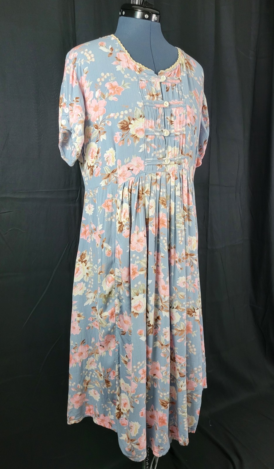 Vintage Ellen Ashley Blueish Grey Dress w Pink & Cream Florals Size 14P