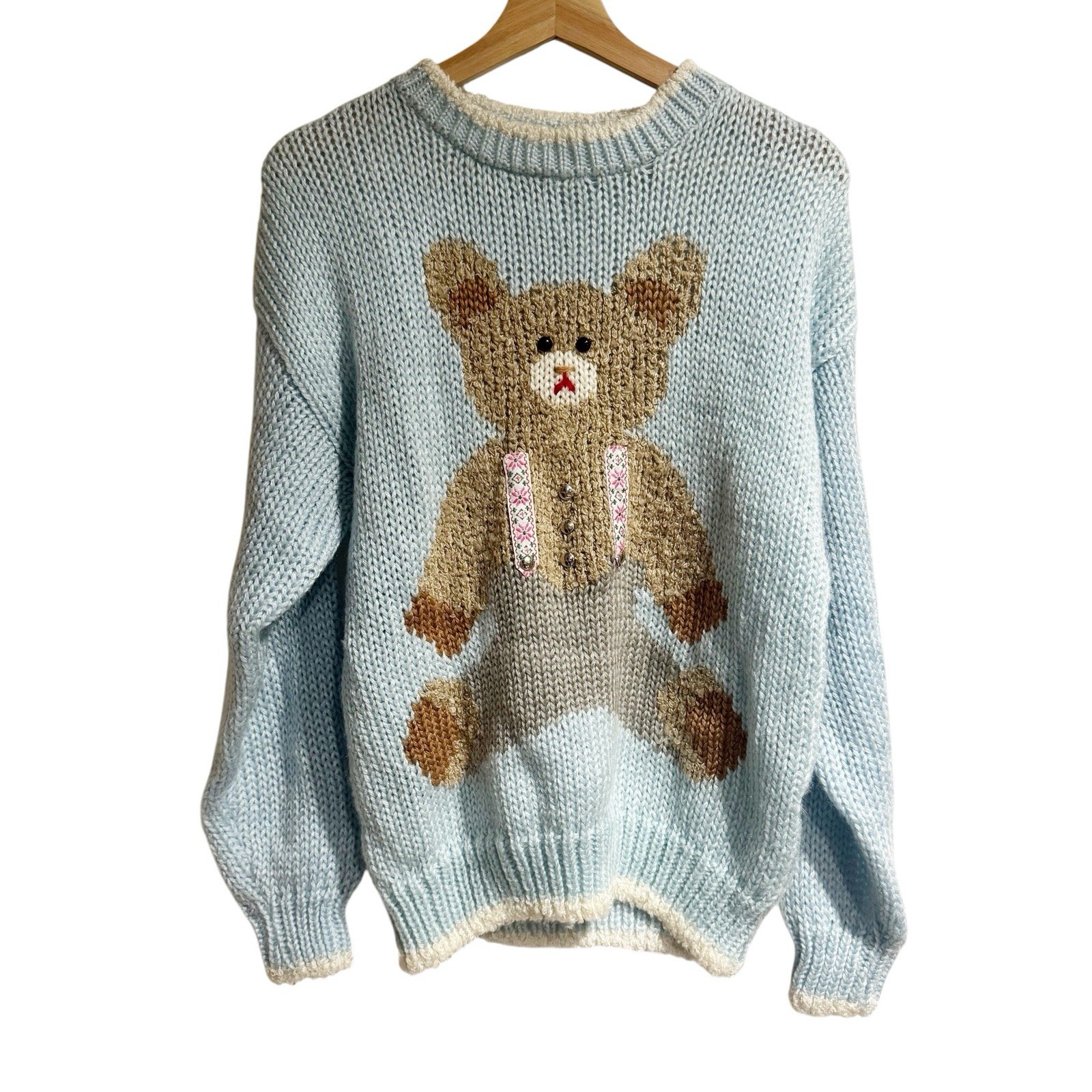 Color Cues Women Medium Hand Knit Sweater Korea 3D Teddy Bear Pastel Baby Blue
