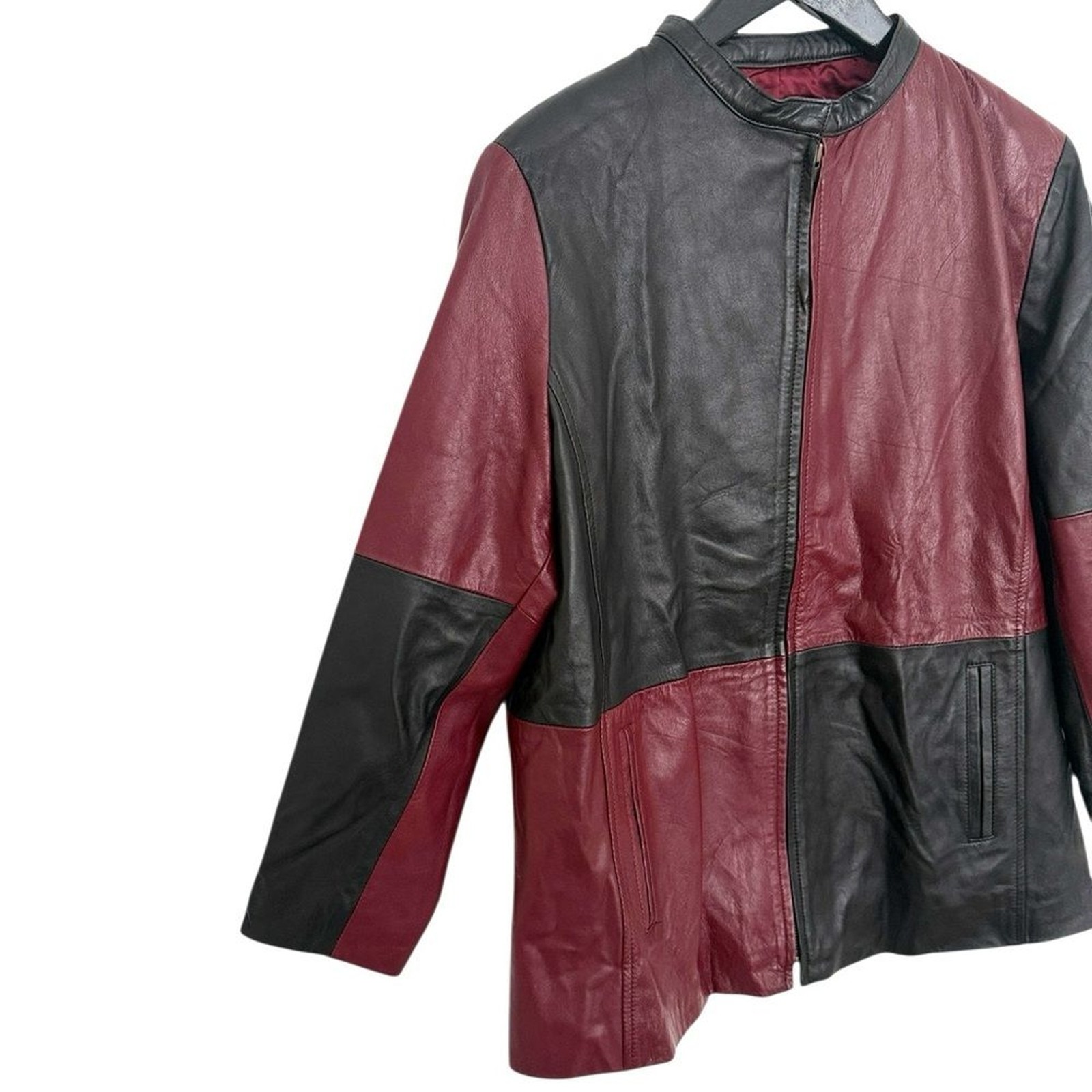 Forenza Vintage 80s Italian Black Wine Red Color Block Leather Jacket Sz XL