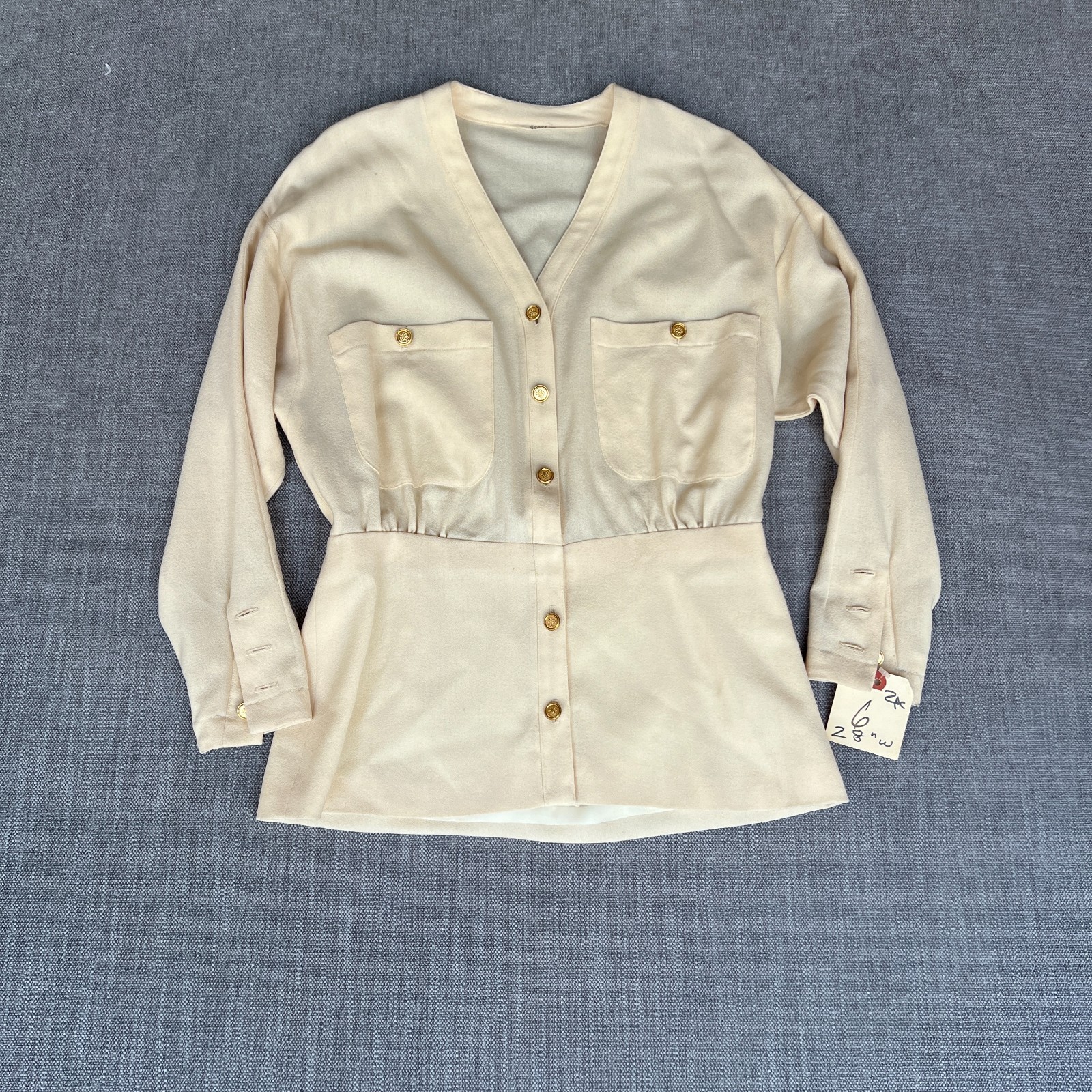 Vtg 80s Cream Military Blouse Jacket L Peplum Cinched Waist Gold Lion Button