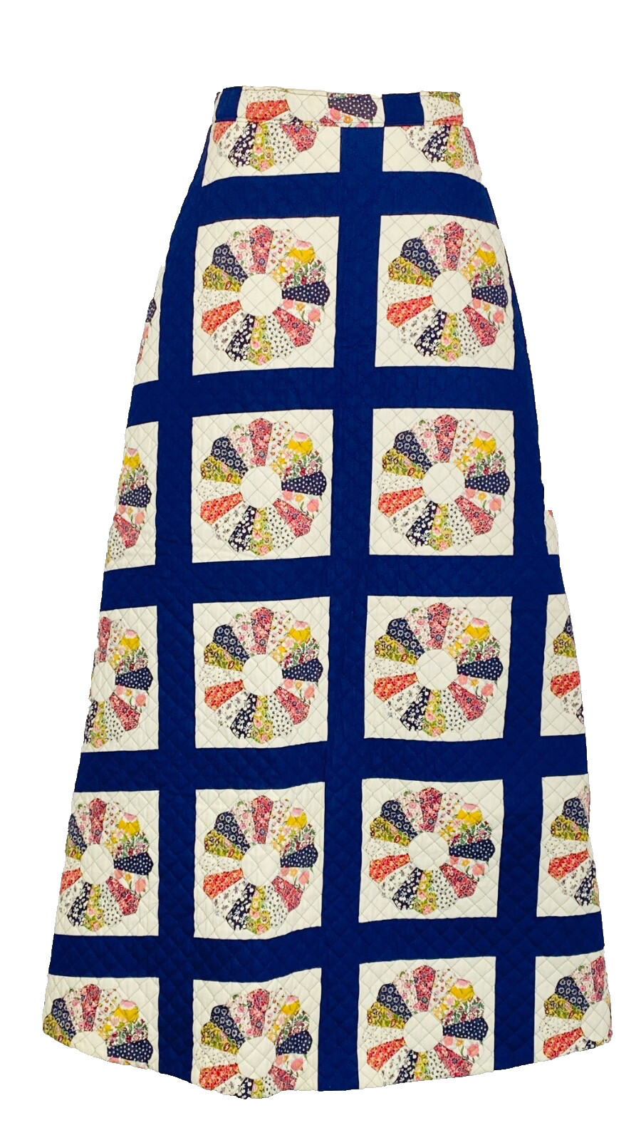 Vintage 1970s quilted maxi skirt, wedding ring quilt cotton rayon patchwork blue