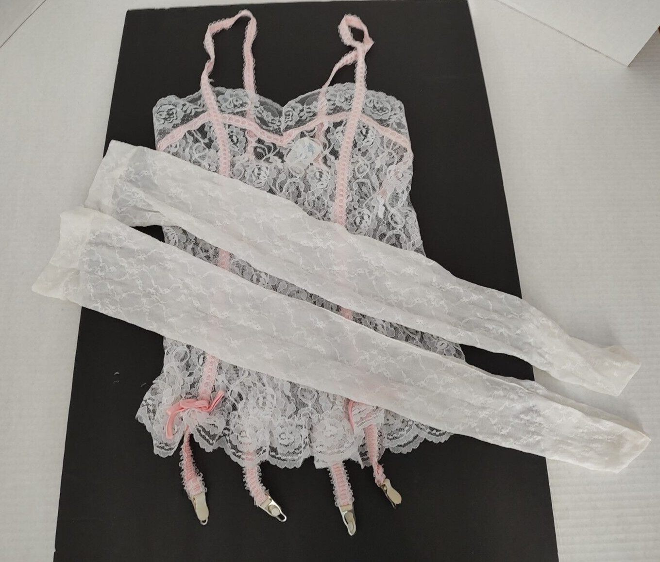 Vtg 80s Lingerie White Lace Teddy Garters Hose Seductive Undercover Wear Small
