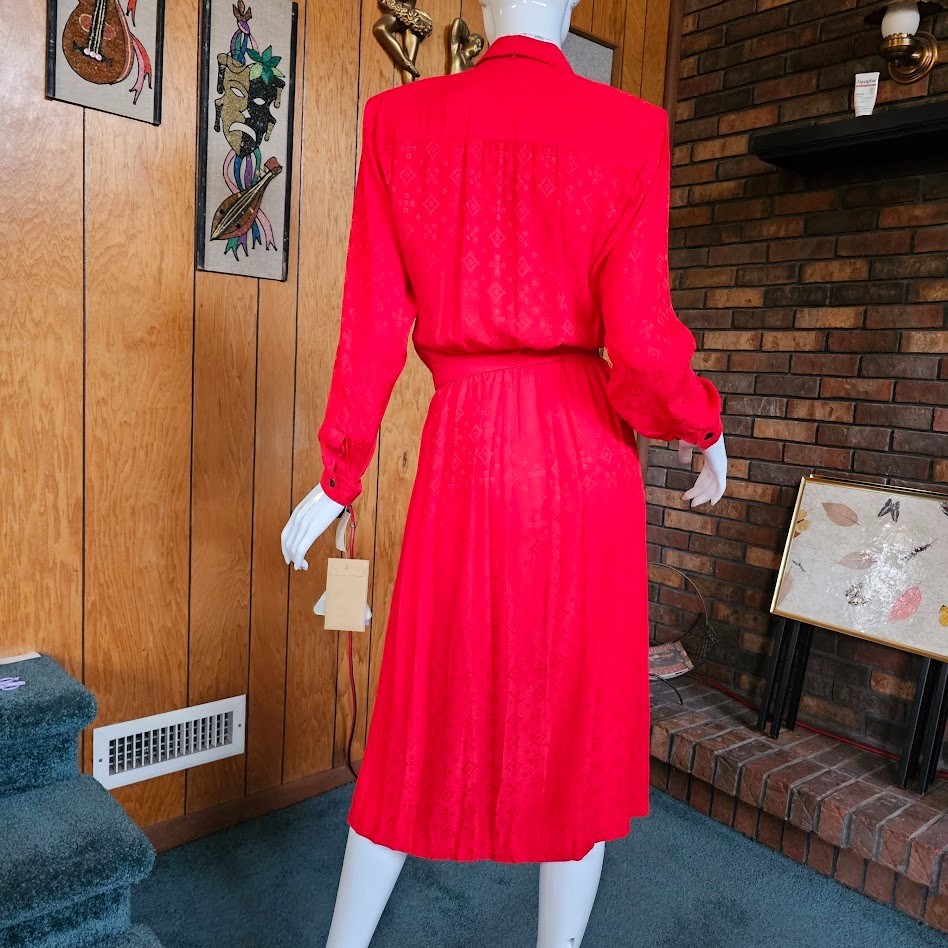 Vtg 80s Silk Jacquard Secretary Liz Claiborne Lipstick Red Femme Boss Dress S/M