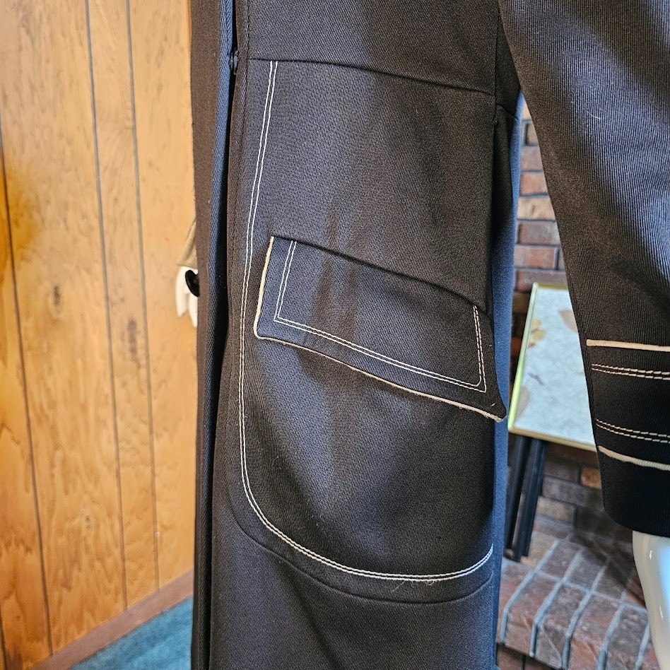 Vtg 60s Mod Youthquake Topstitch Black & White Trench Winter Quilted Rain Coat M