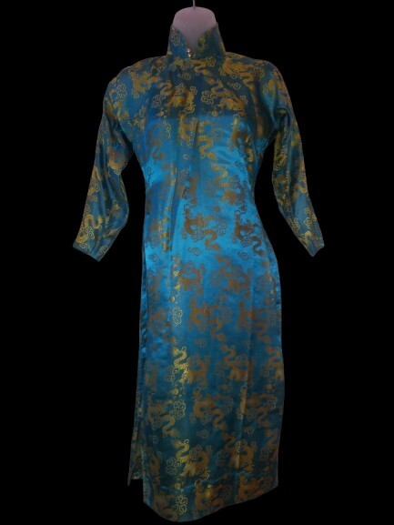 Vintage 60s Cheongsam Silk Turquoise Gold Oriental Dragon Wiggle Dress S Tiki O