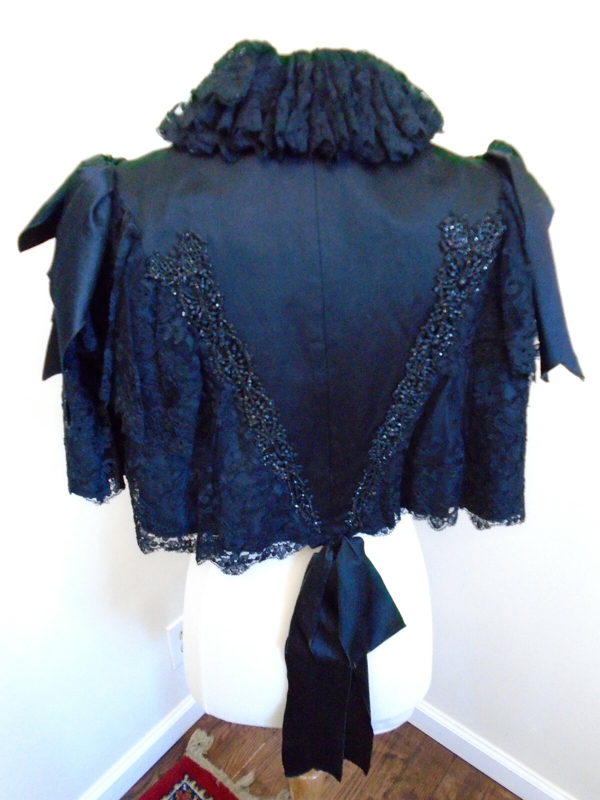 Original c 1870/1890 Victorian Silk Satin Cape Jet Beaded Ribbon/Lace Ruffles