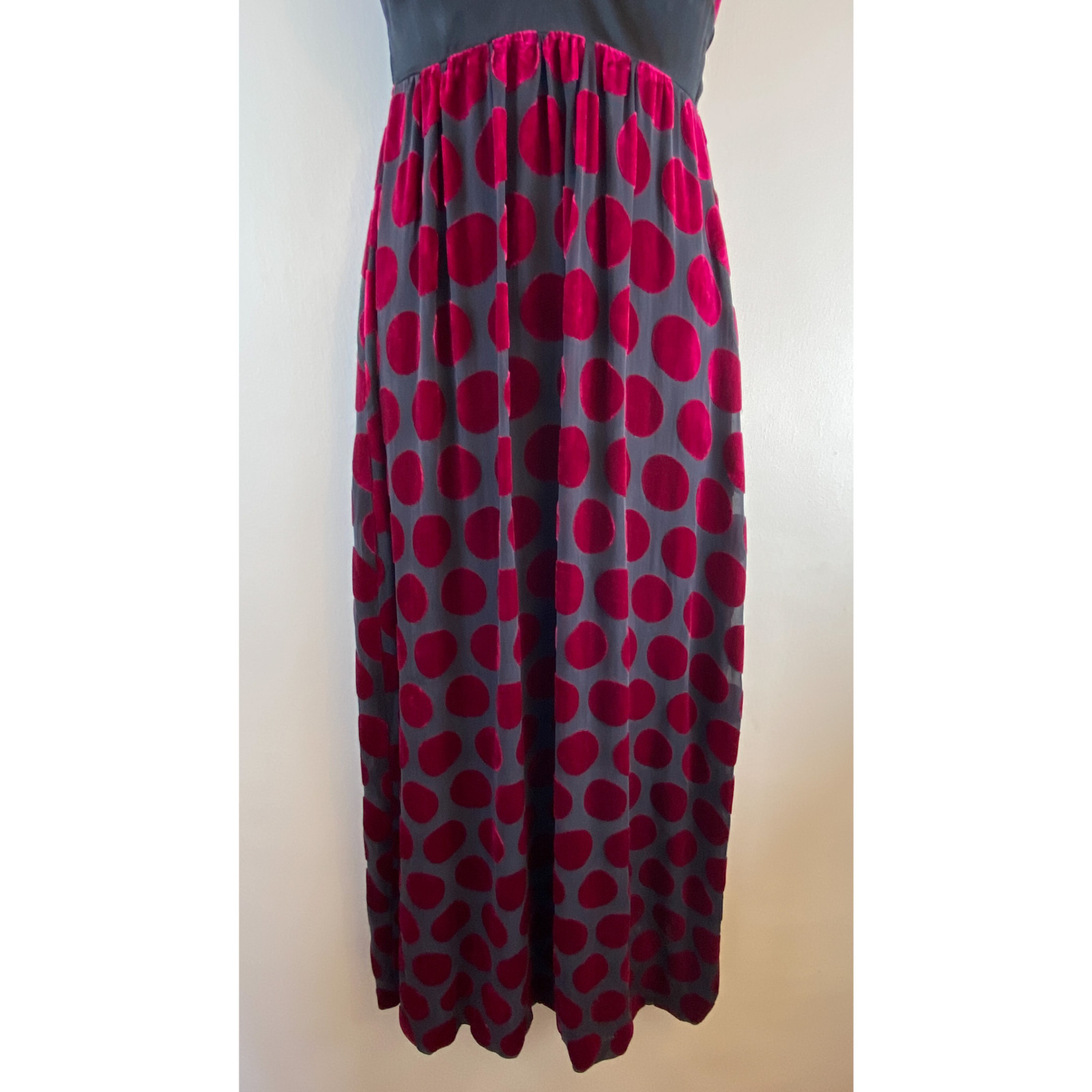 Voom Joy Han 90s Y2K Silk Velvet Polka Dot Maxi Dress XS Pink Fuchsia Black Goth