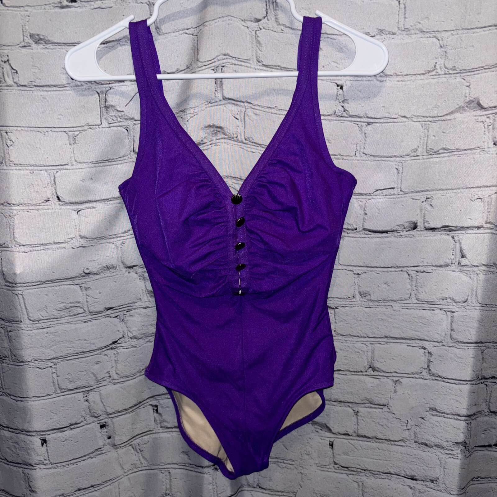 90’s Vintage Solid Ribbed Textured Purple One Piece Bathing Swim Suit Size 8