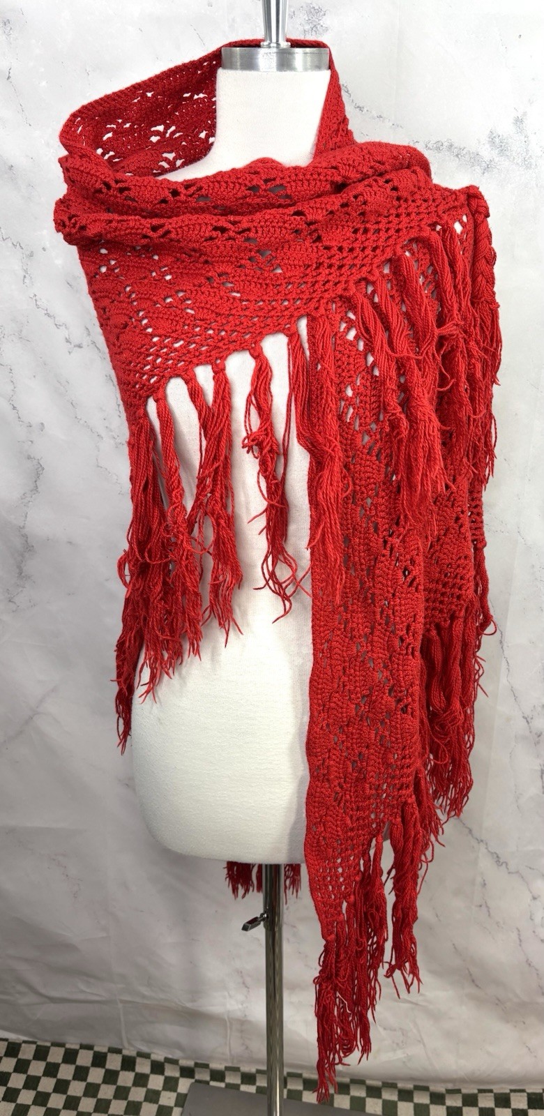 Vintage 70s Crochet Knit Shawl Red Cape Wrap cottagecore Boho Hippie Festival