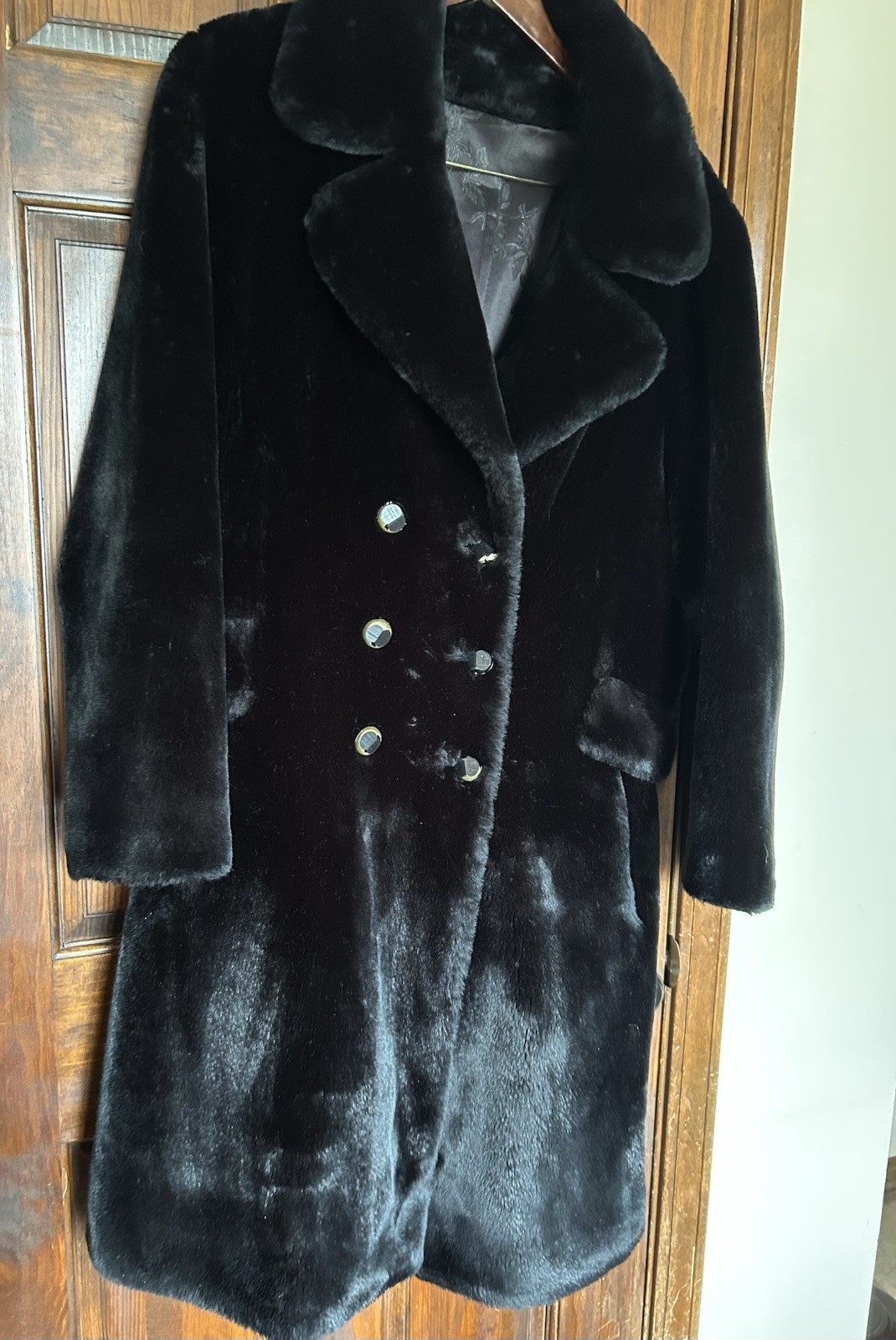 Vintage Borgana Black Faux Fur Plush Coat Double Breasted Women’s Sz M 42”