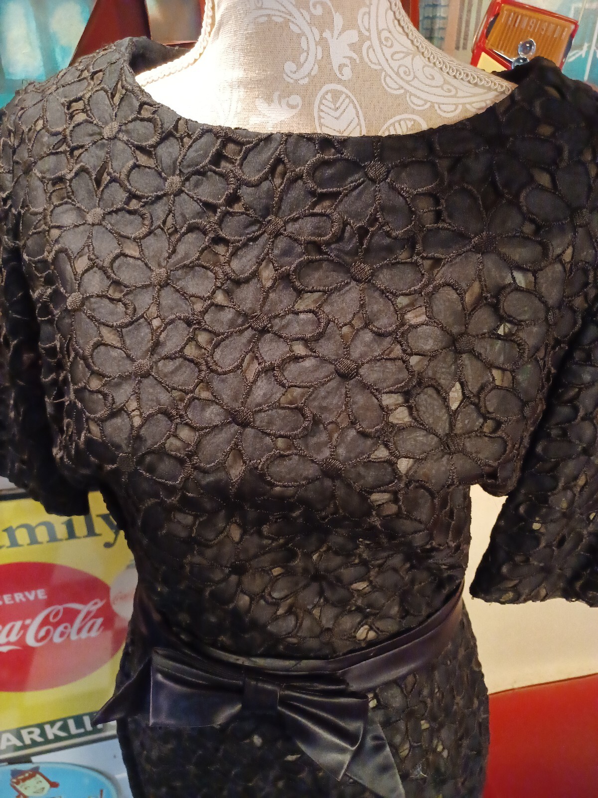 True Vtg Mid-century 1950s 1960s Black Embroidered Cutout Cocktail Dress Mod MCM