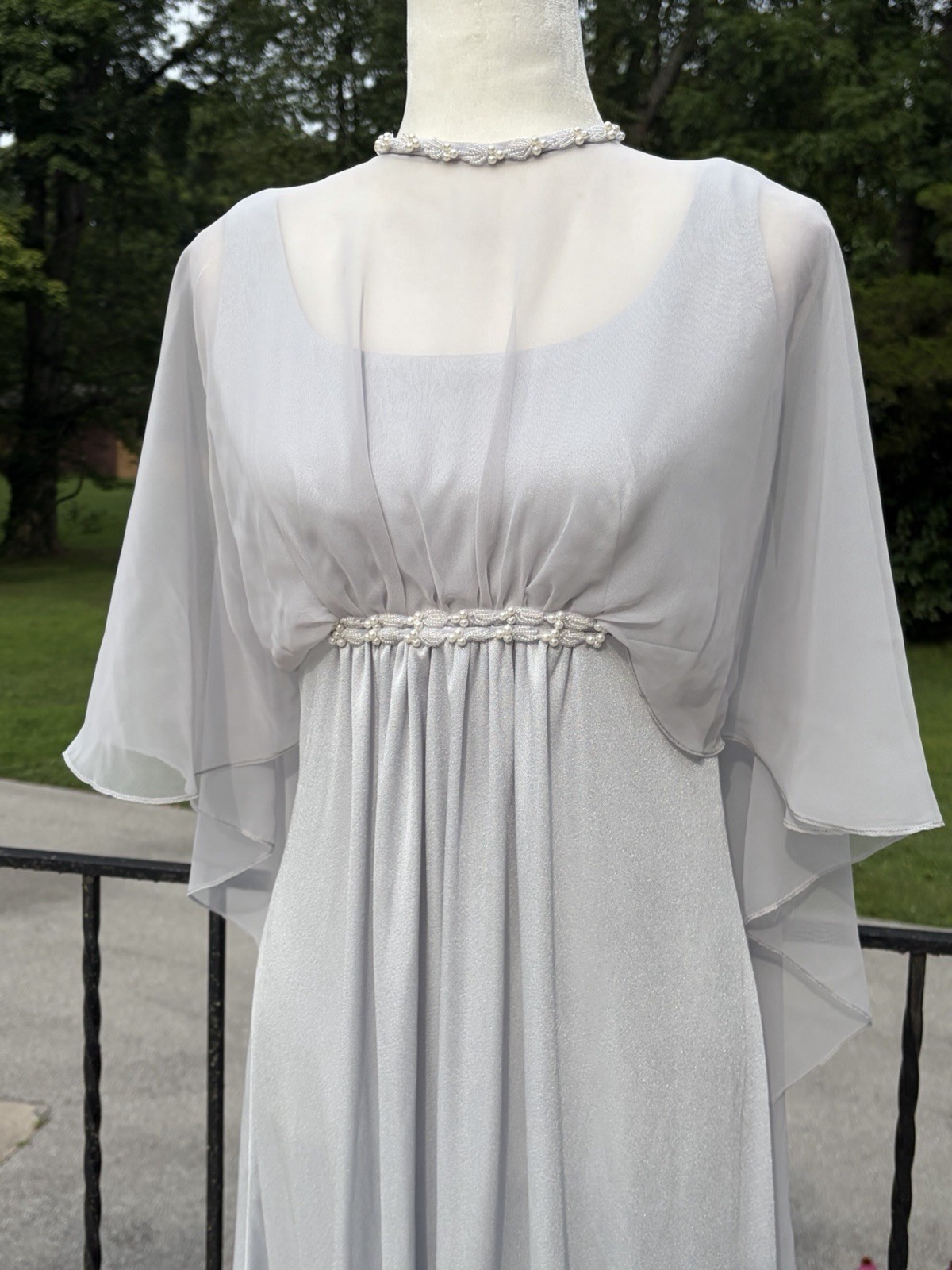Vintage Emma Domb Silver Gray Chiffon Capelet Maxi Dress 70s 60s Hollywood Glam