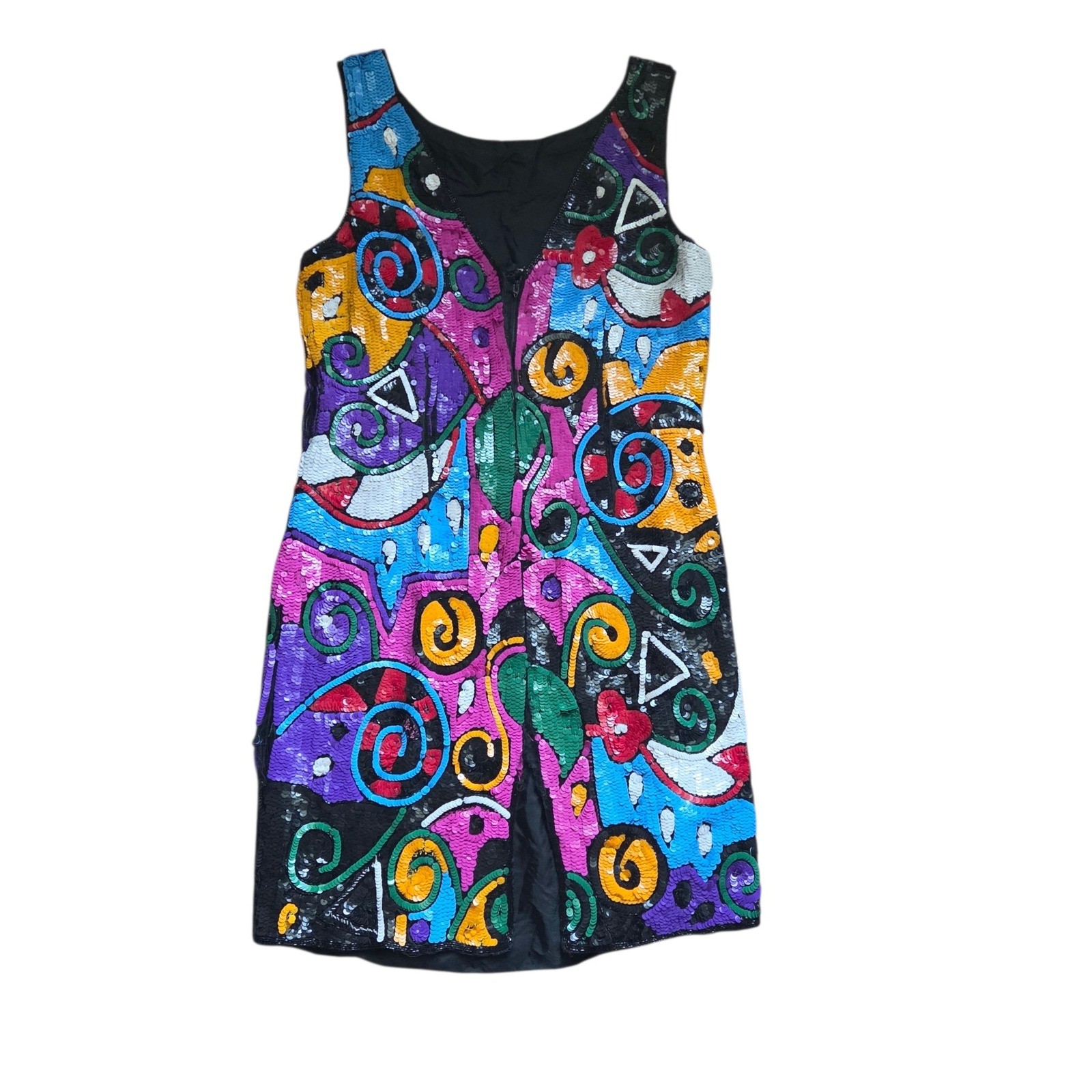 Vintage 80s Dress Large Xoanon Silk Sequin Mini Abstract Multi Color Pop Art