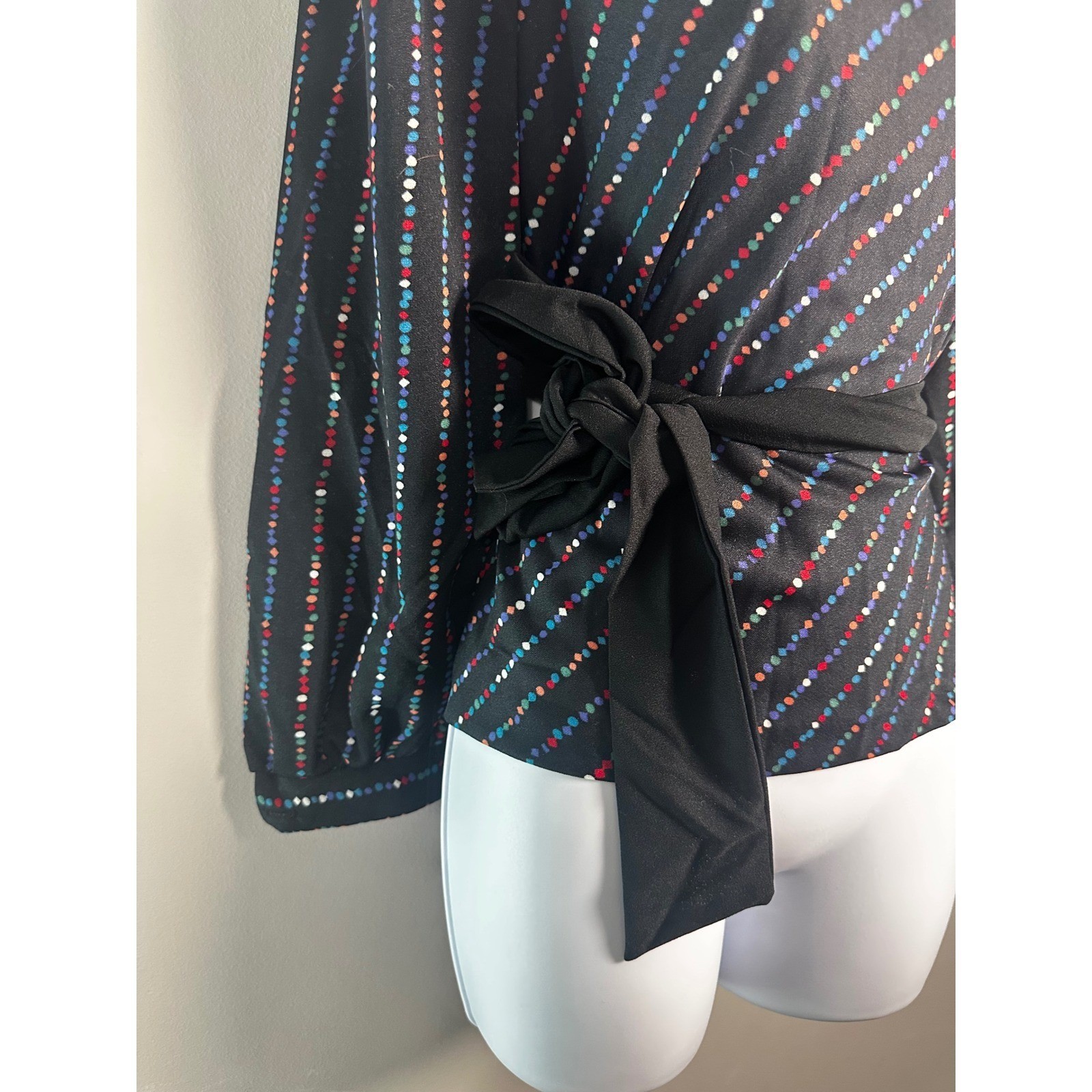 Vtg B. Altman & Co NY Rainbow Stripe Wrap Blouse 70s 80s Puff Sleeve Disco SZ 14