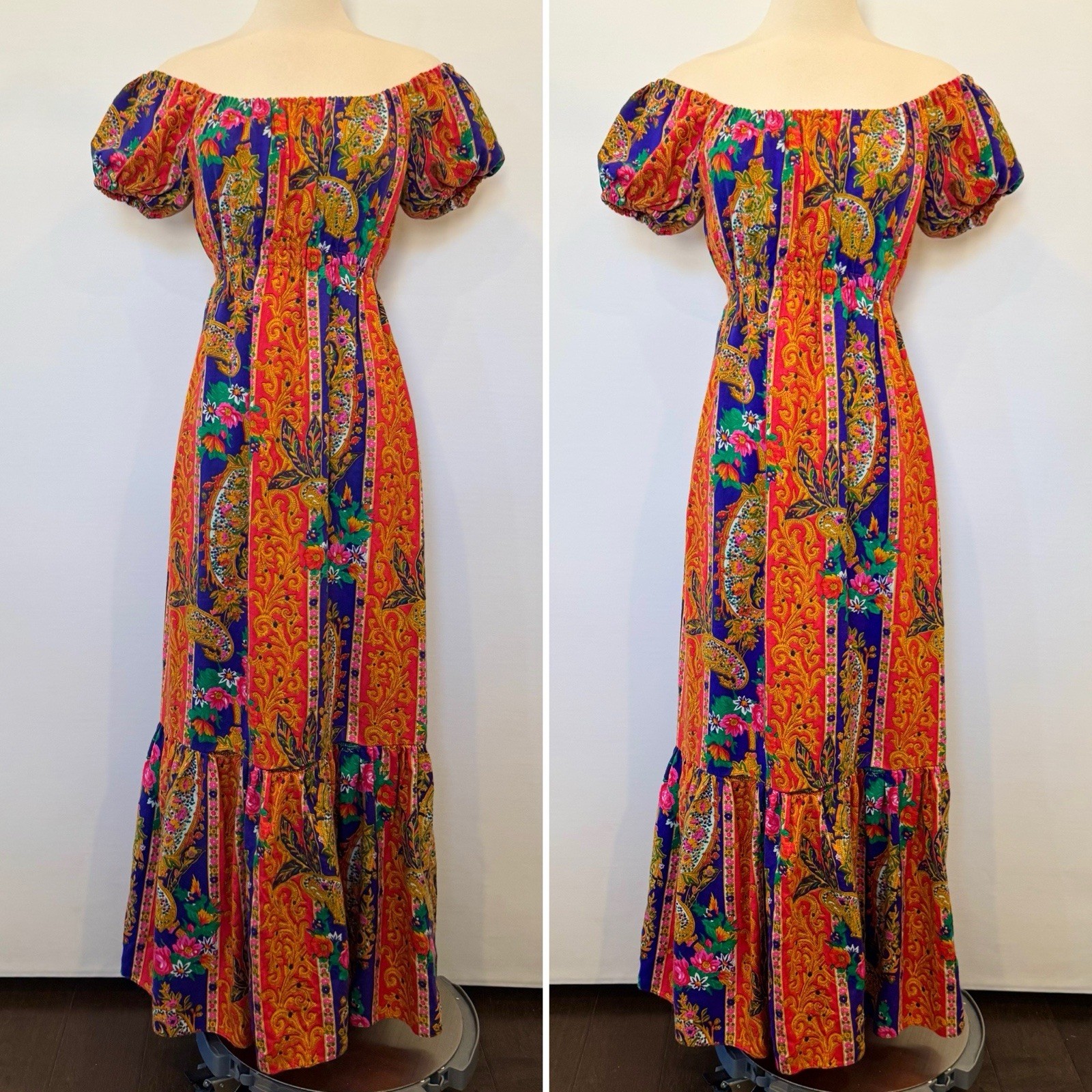 Vintage Cracker Jax Boho Peasant Paisley Print Prairie Festival Maxi Gown Dress