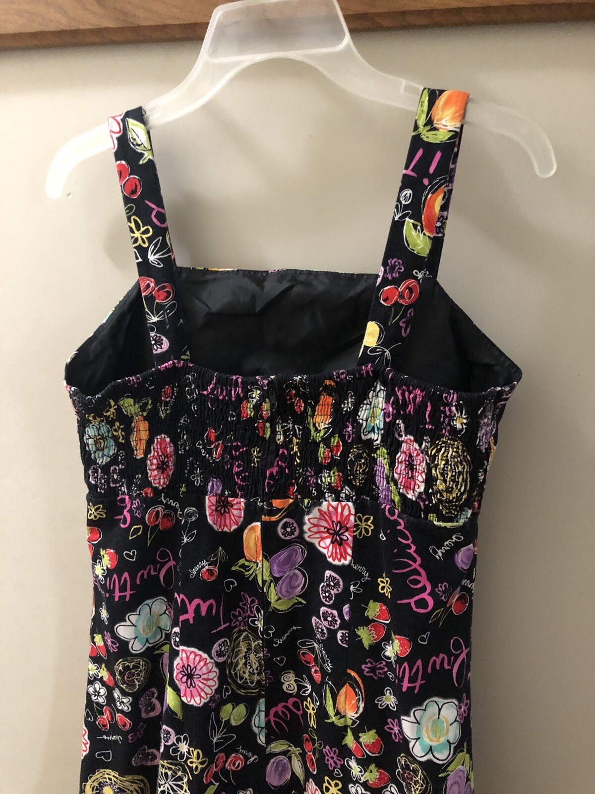 Karin Stevens Black Tiered Sundress Size 10 Colorful Fruit Cherry Smocking Fun