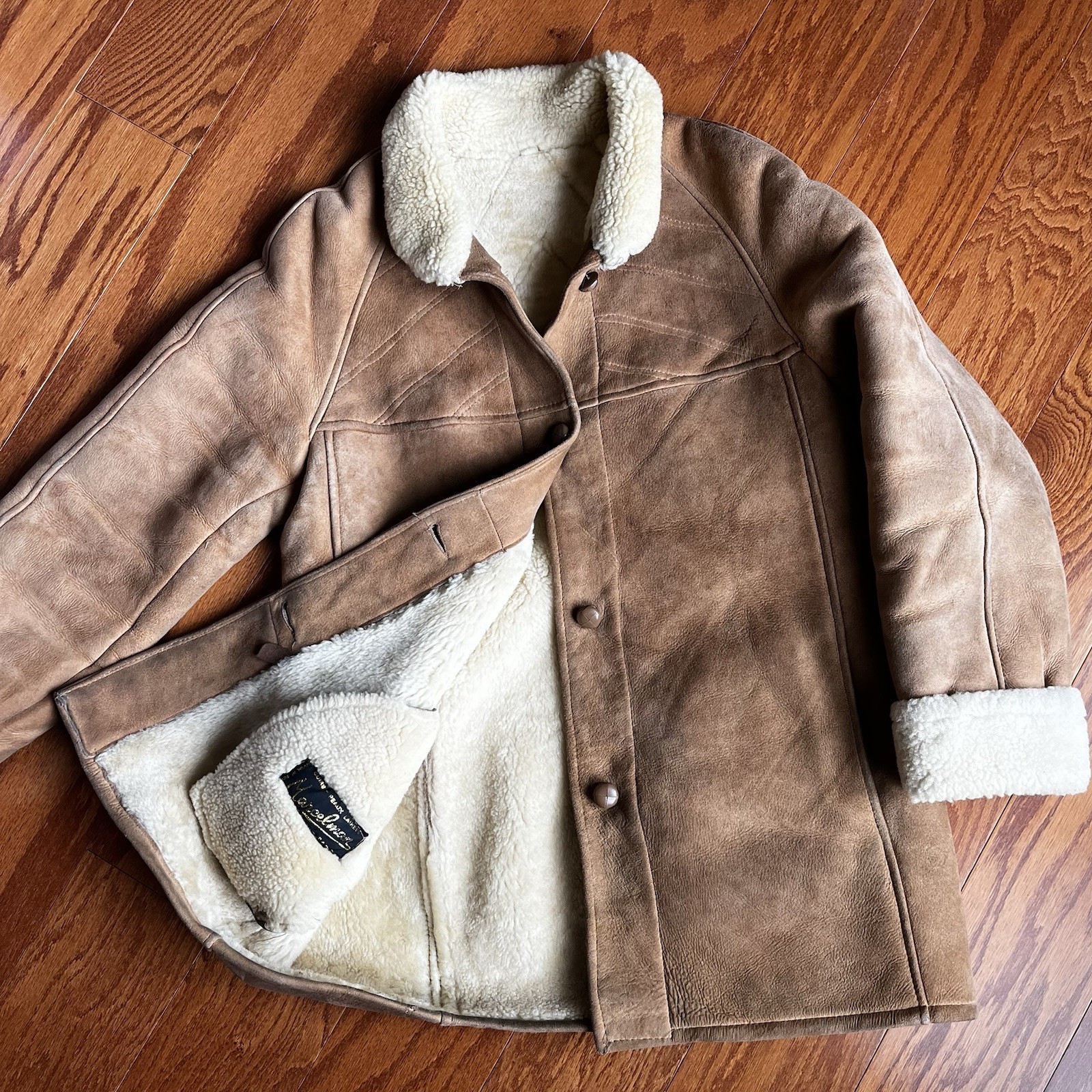 Vintage Designer French Sheepskin Shearling Coat Women’s Large Cognac / Cream