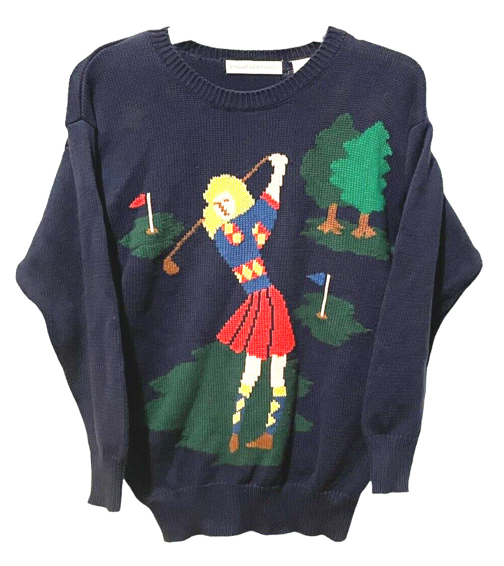 Y2K Vintage 90s BALLINGER GOLD Sz L Novelty Sweater Scenic Golf 100% Cotton Knit