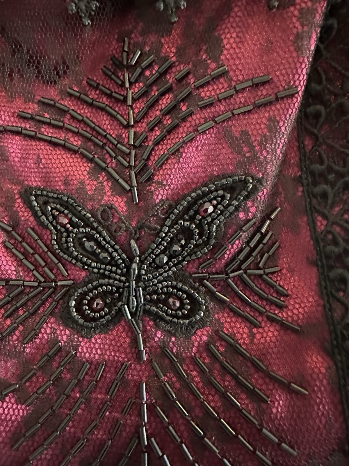 Gorgeous Vintage Burgundy & Black Evening Gown W/Hand Sewn Beading/Corset bodice