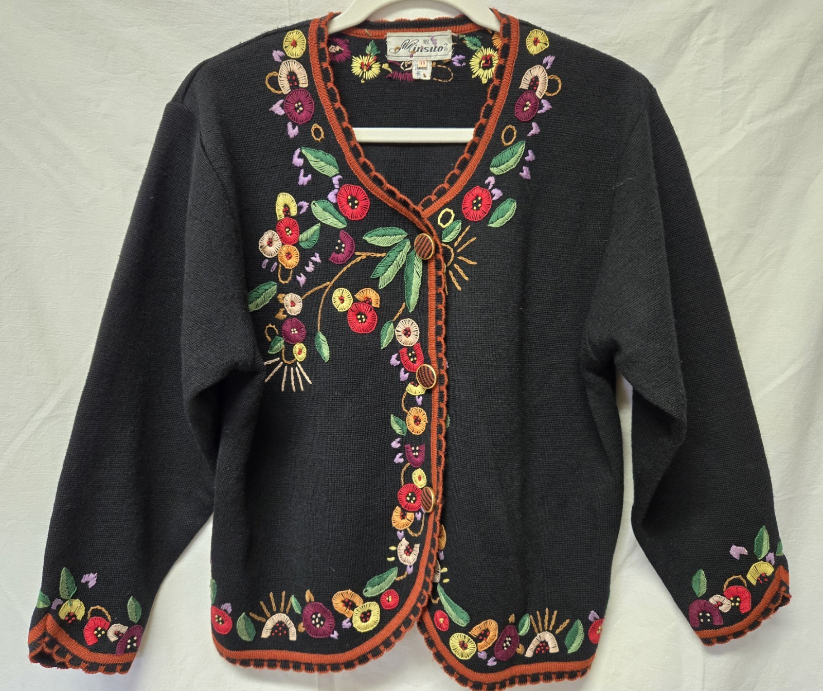 Vintage Floral Hand Embroidered Wool Blend Cardigan Sweater Boho Granny Core L