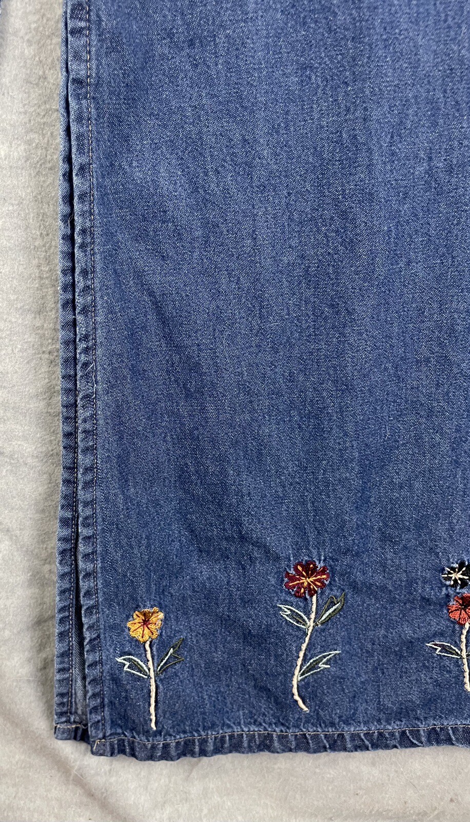 MPH Blues 1X Denim Maxi Dress Sleeveless Floral Embroidery Tie Waist Vintage