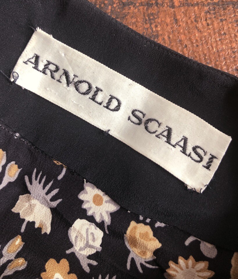 VTG ARNOLD SCAASI 100% SILK MINI DRESS BLACK BROWN FLORAL STRIPE MOD TWIGGY GUC
