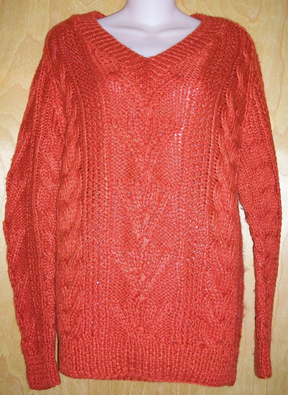 Vintage Hukapoo Paprika Orange Acrylic Cable Knit Pullover V-neck Sweater MEDIUM