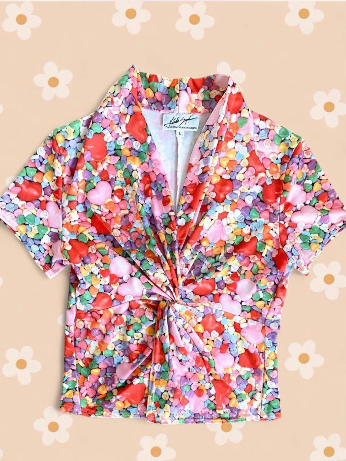 Retro 90s Candy Heart Shirt Women’s L Valentine’s Day Blouse Y2K Vintage Top