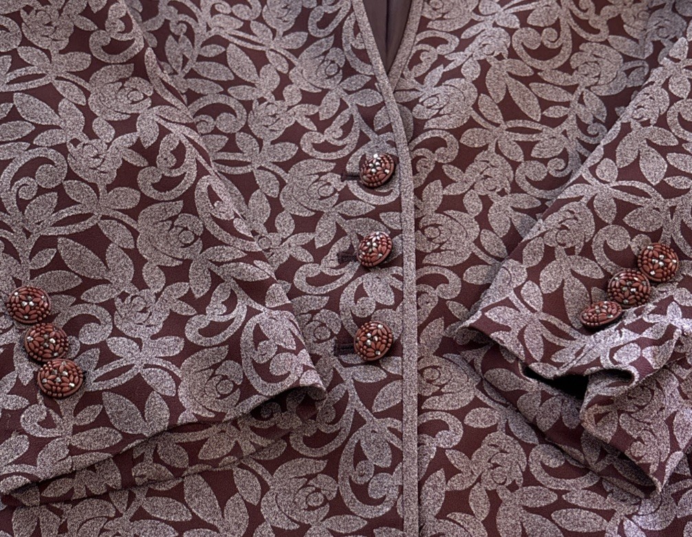 Vtg Juliet Fashion Made in Korea Mauve Floral Embossed Velvet Pant Suit Set