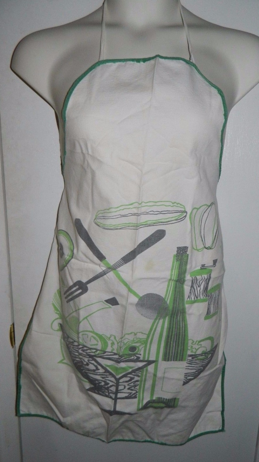 Vintage Mid Century Gray Green Salad Kitchen Cotton Blend Apron