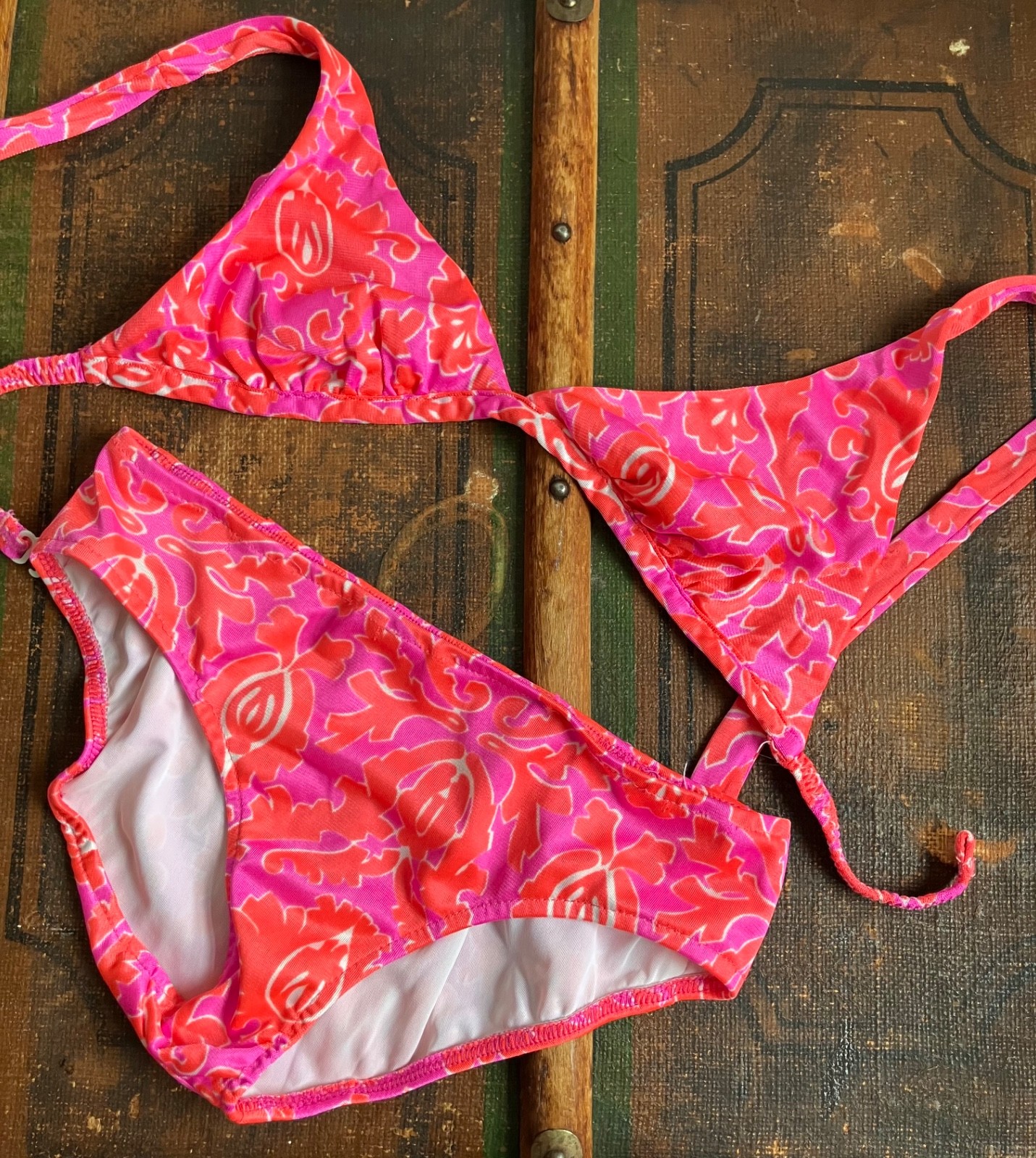 VTG 60s JC PENNEY PSYCHEDELIC 3 PIECES HOT PINK+ORANGE BIKINI+DRESS USA 9/32 EUC