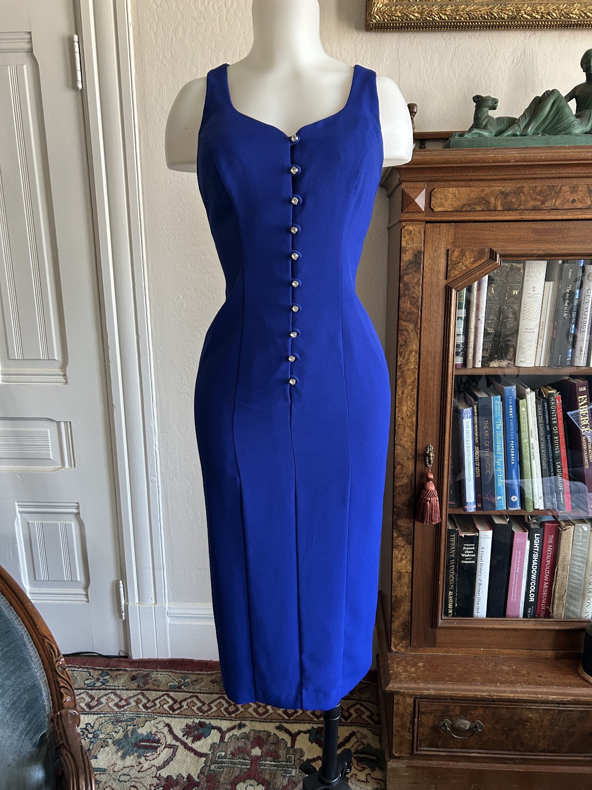 Vintage 1990s CDC Petite Blue Button Up Strappy Midi Wiggle Dress Sweetheart 6P