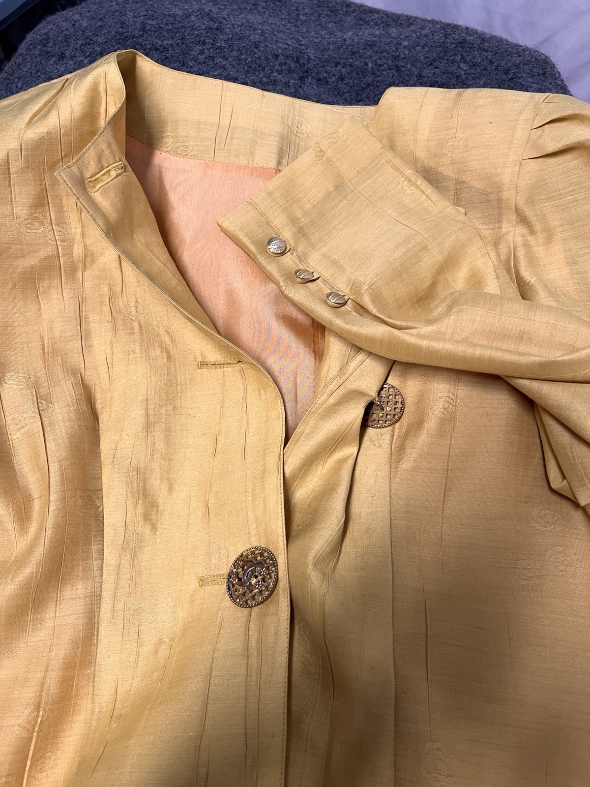Vintage Bespoke Tailored Jacket Yellow Camellia Floral Buttons Women’s Medium
