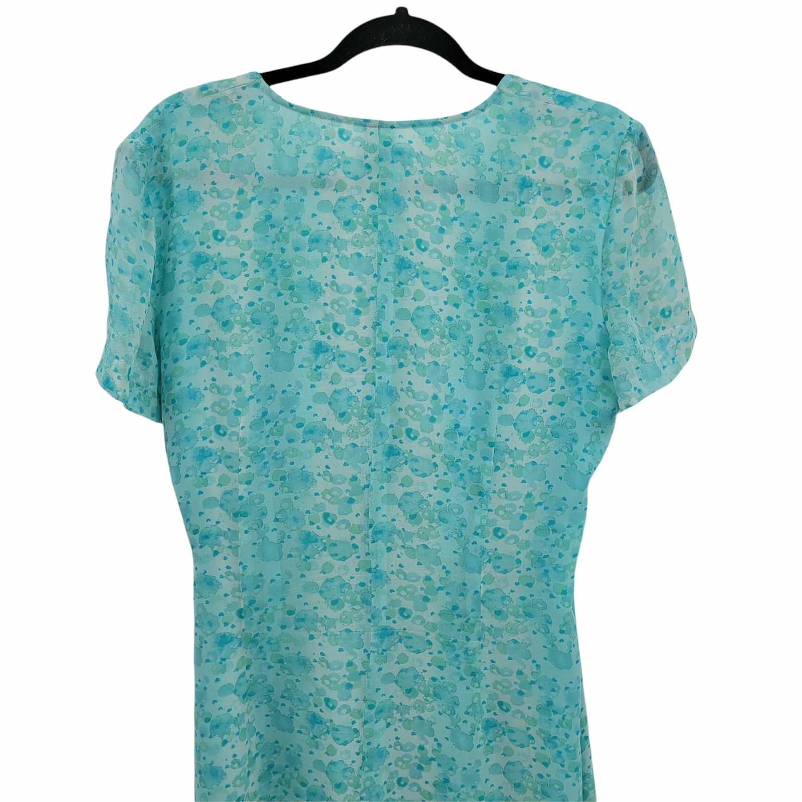 90’s Wrap Dress 10 Pastel Aqua Blue Ditzy Floral Short Sleeve Tea Length V-neck