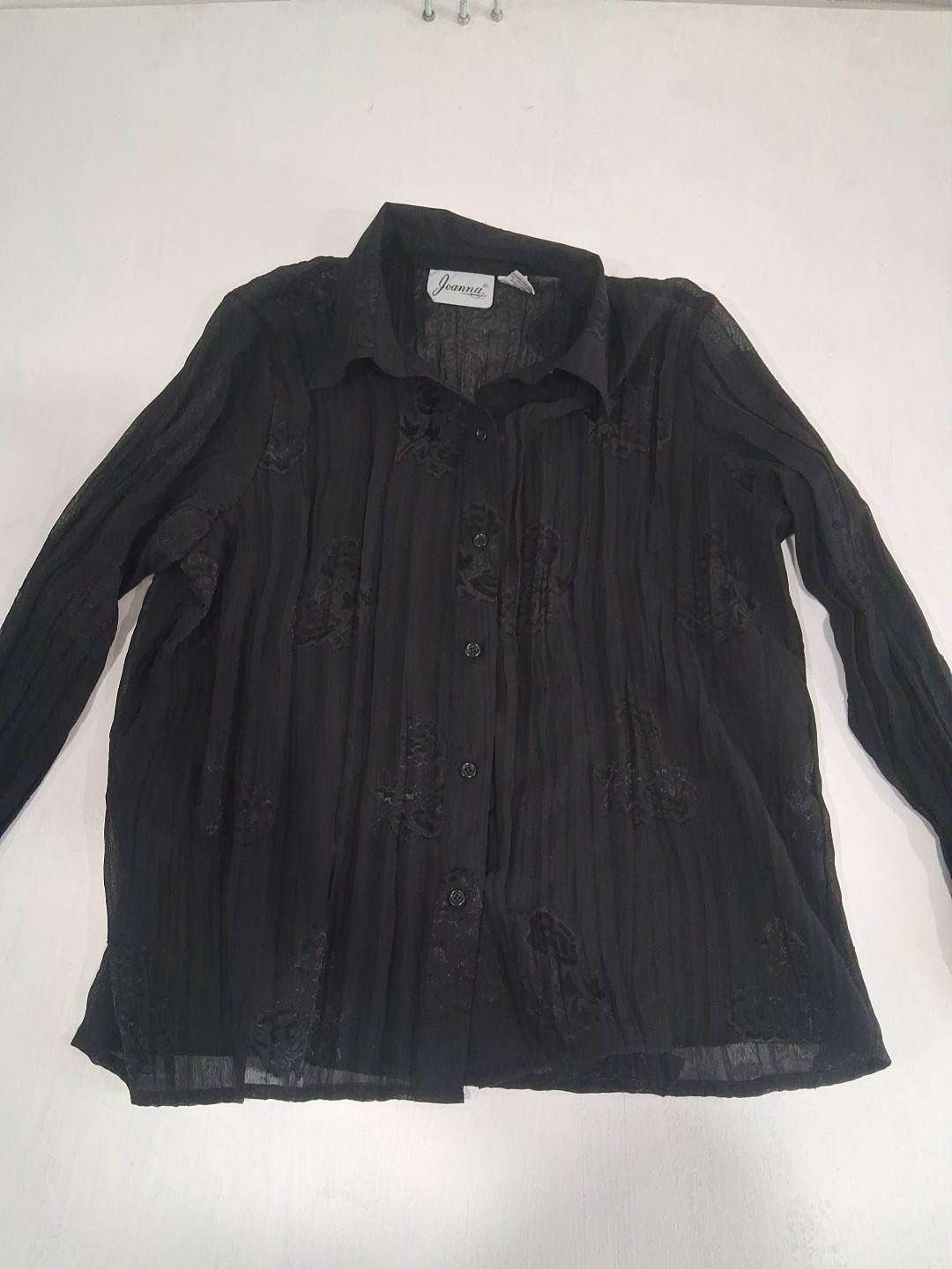 Vtg 90s Womens Sheer Black Blouse Shirt Roses Collared Button Up Large