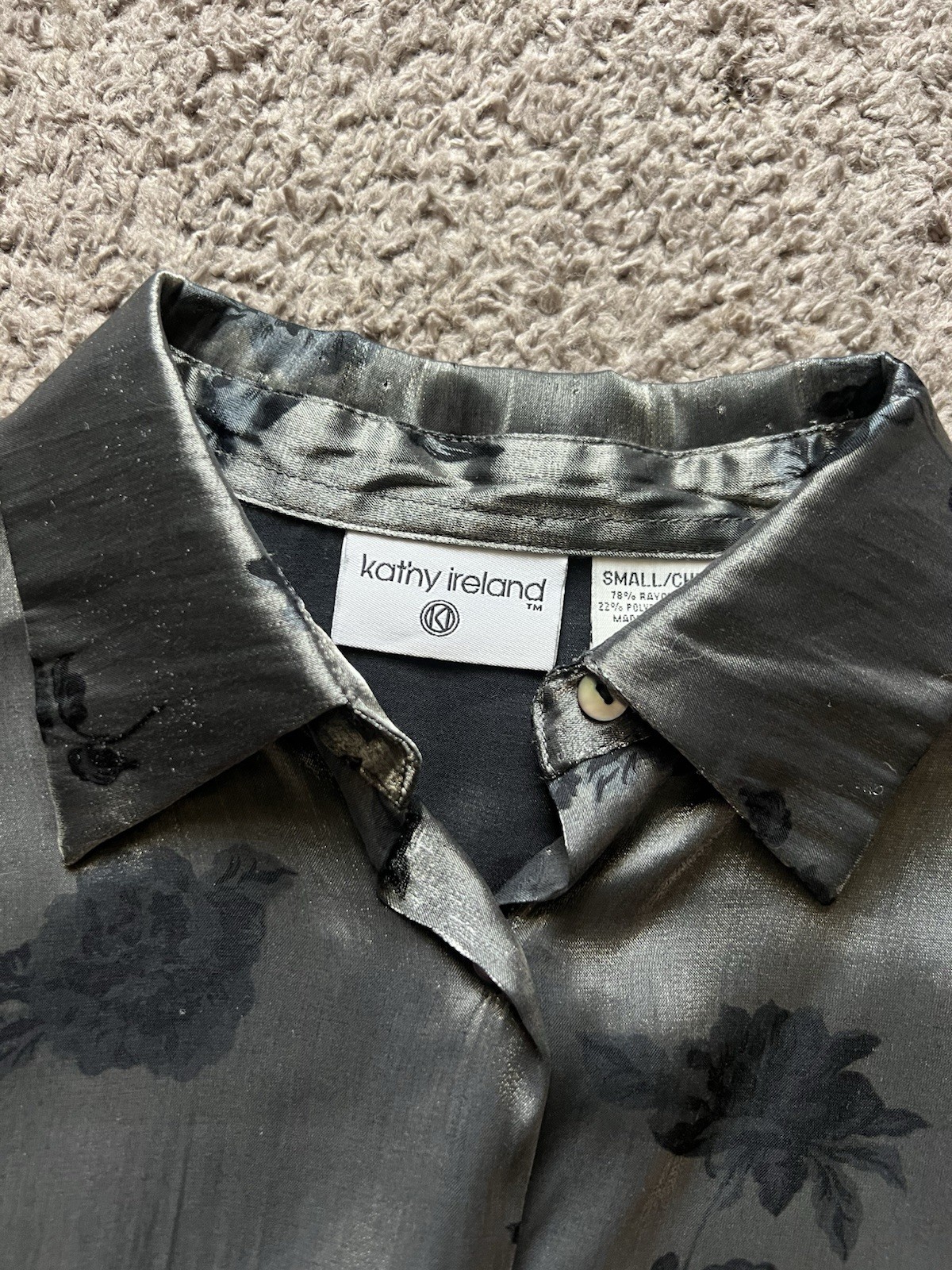 Vintage Y2K 90s Metallic Shirt Small Silver Floral Long Sleeve Button Dark Fairy